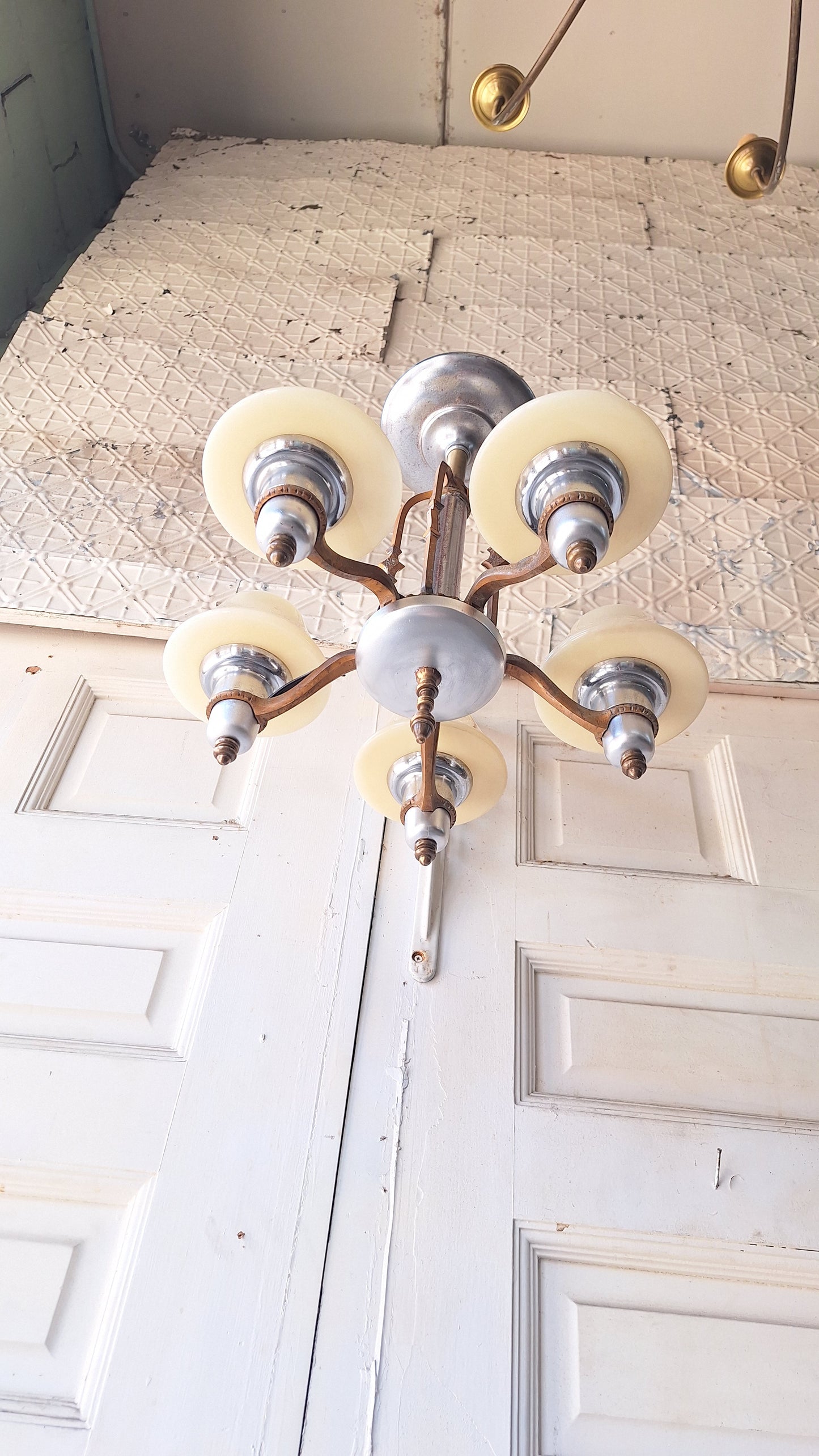 Art Deco Custard Glass Chandelier, Mixed Metal Light Silver and Bronze, Custard Slip Shade Chandelier, Architecture Salvage