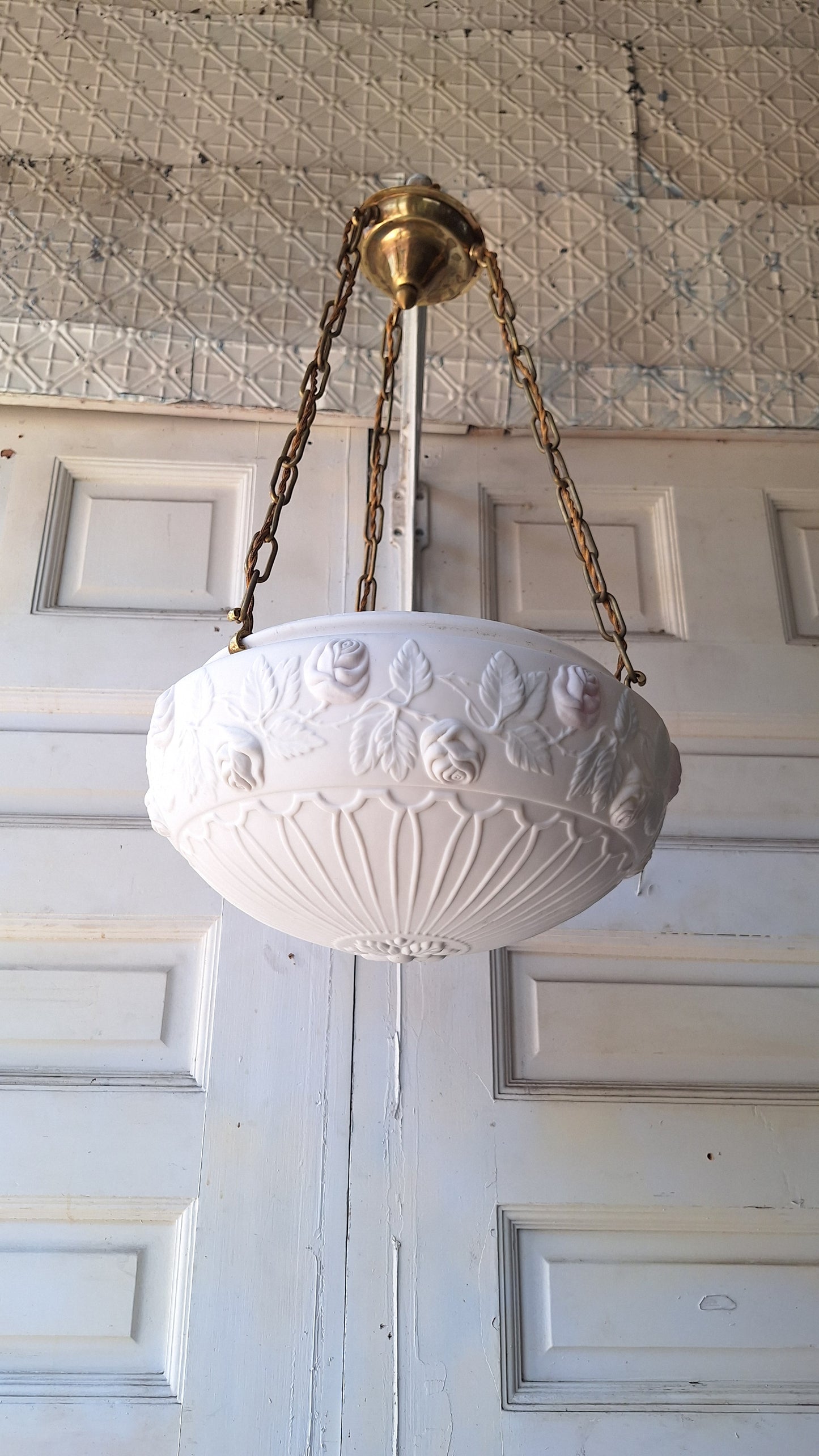 Reverse Painted Glass Victorian Bowl Chandelier, Three Chain Frosted Glass Hanging Light with Bronze Metal