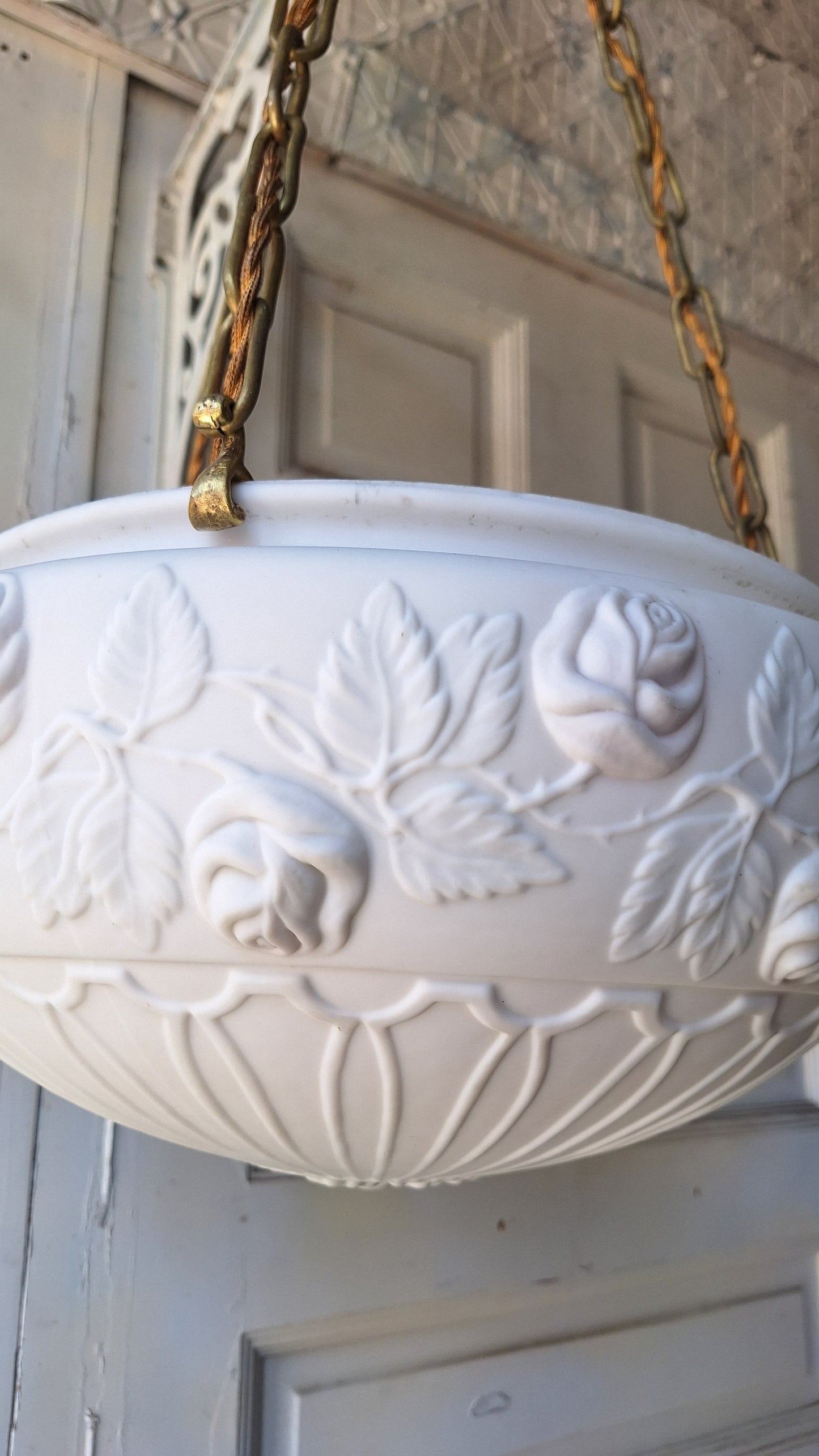 Reverse Painted Glass Victorian Bowl Chandelier, Three Chain Frosted Glass Hanging Light with Bronze Metal