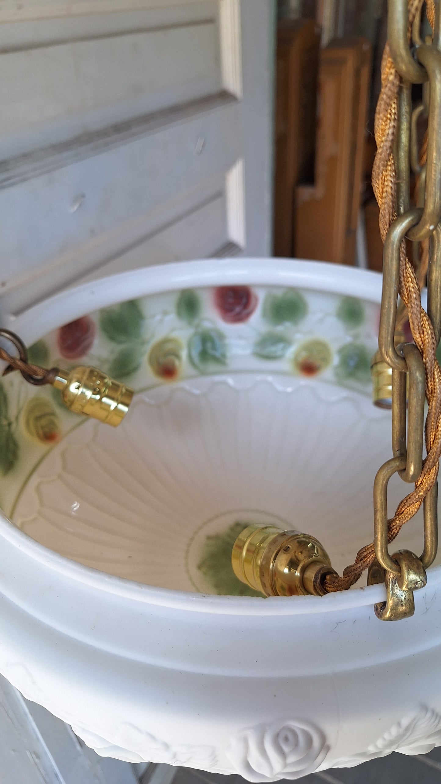 Reverse Painted Glass Victorian Bowl Chandelier, Three Chain Frosted Glass Hanging Light with Bronze Metal