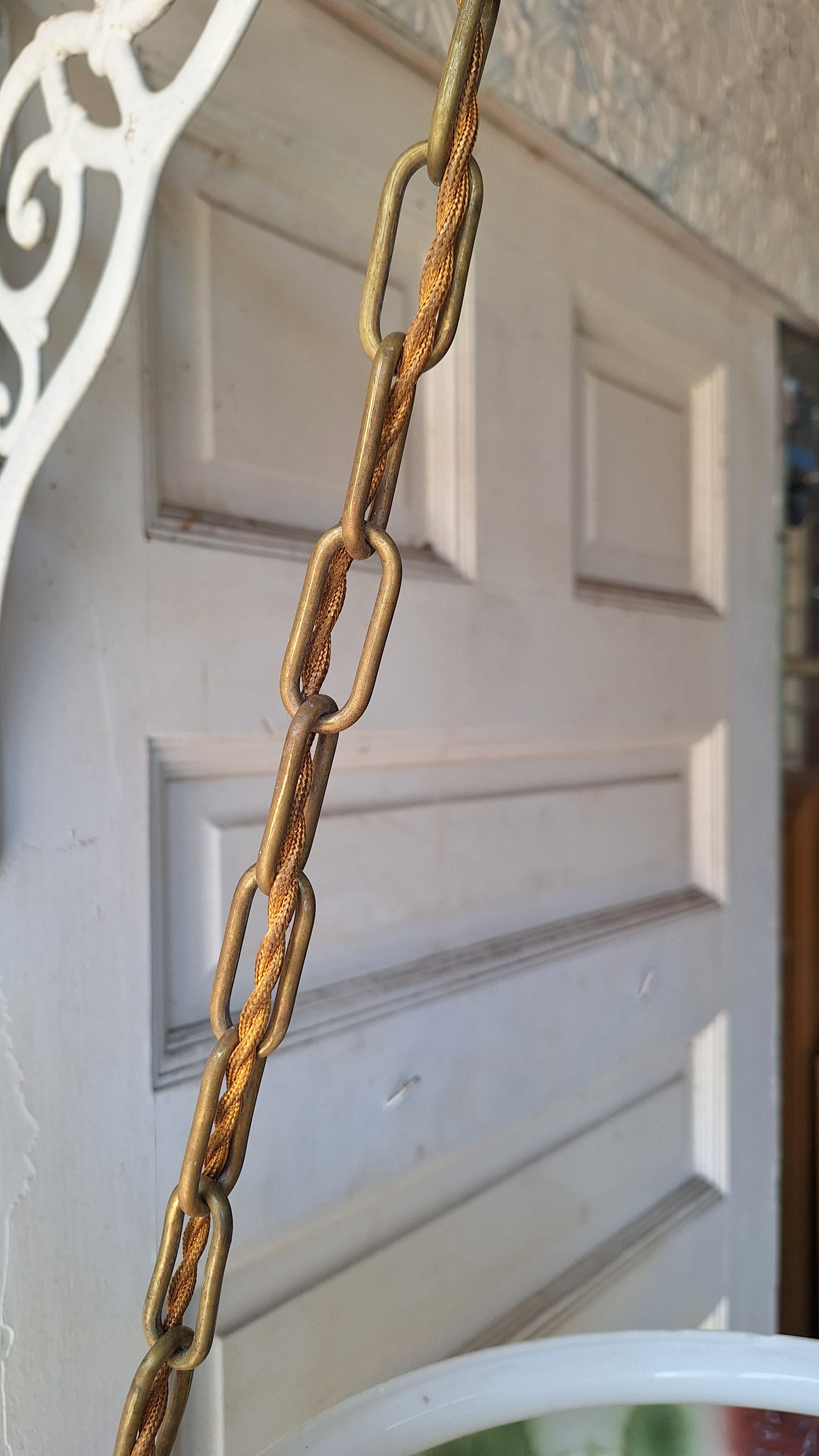 Reverse Painted Glass Victorian Bowl Chandelier, Three Chain Frosted Glass Hanging Light with Bronze Metal