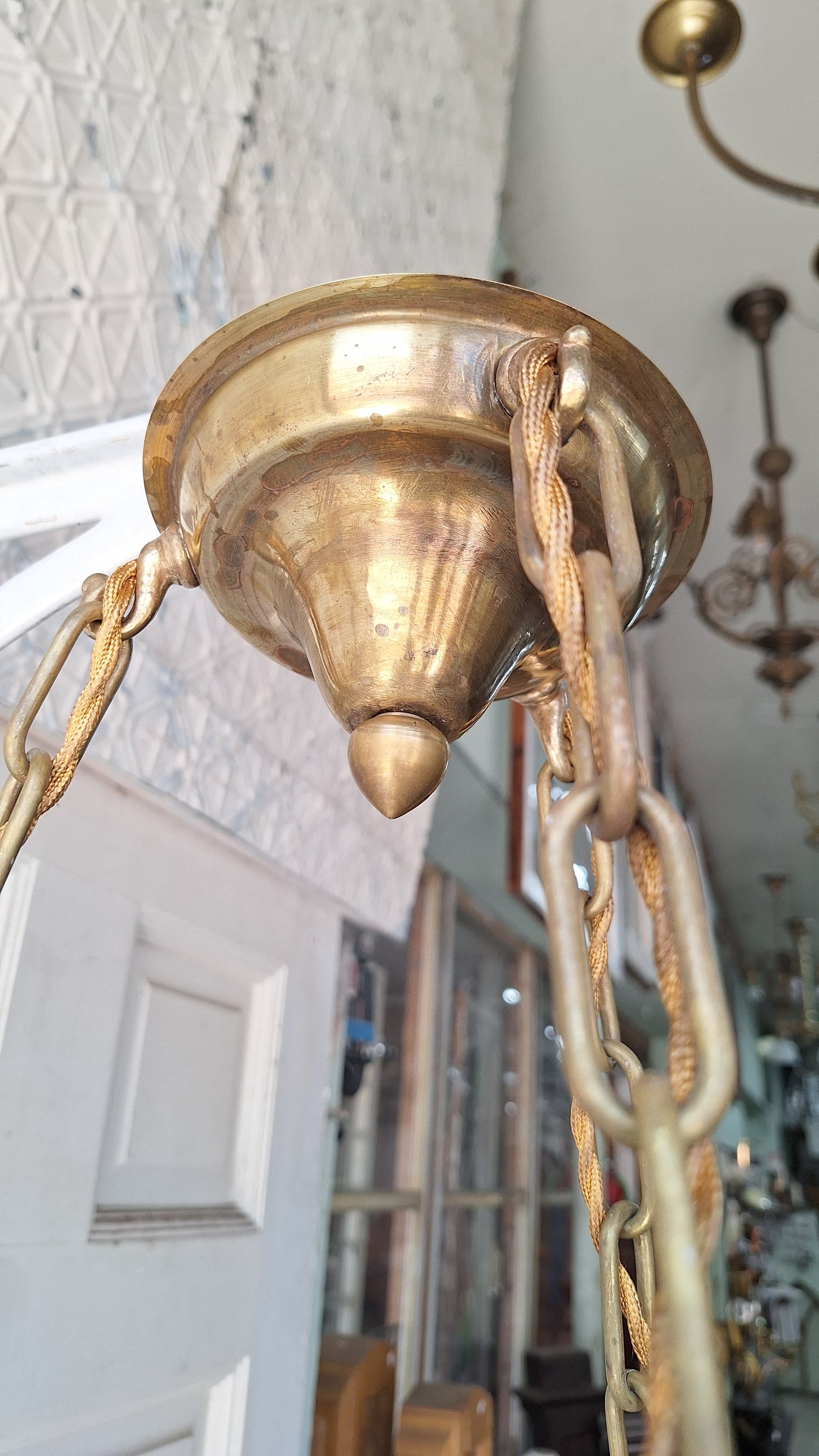 Reverse Painted Glass Victorian Bowl Chandelier, Three Chain Frosted Glass Hanging Light with Bronze Metal