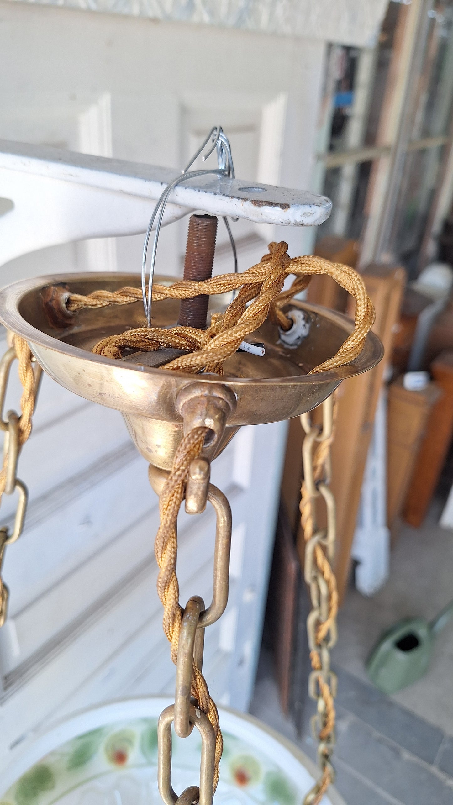 Reverse Painted Glass Victorian Bowl Chandelier, Three Chain Frosted Glass Hanging Light with Bronze Metal