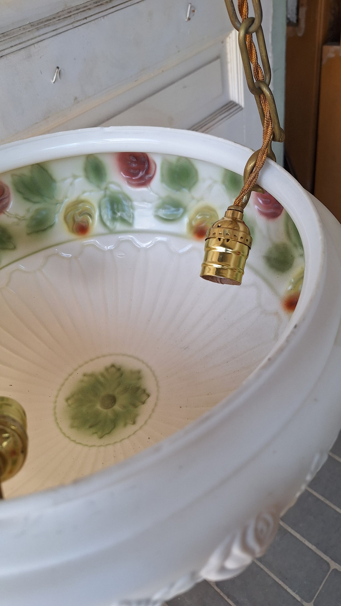 Reverse Painted Glass Victorian Bowl Chandelier, Three Chain Frosted Glass Hanging Light with Bronze Metal