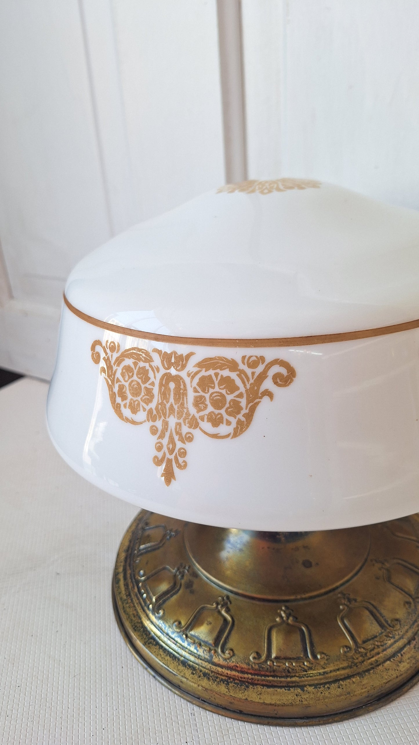Vintage Stenciled Flush Mount, White Glass and Bronze Ceiling Light, Stencil Design Light Fixture, Architecture Salvage 070504