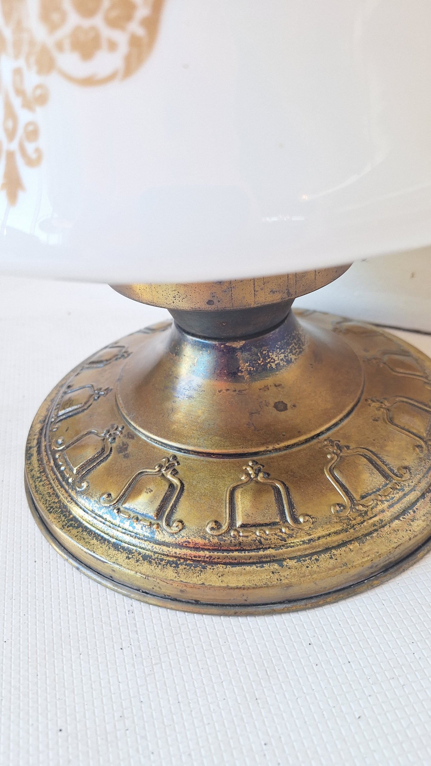 Vintage Stenciled Flush Mount, White Glass and Bronze Ceiling Light, Stencil Design Light Fixture, Architecture Salvage 070504