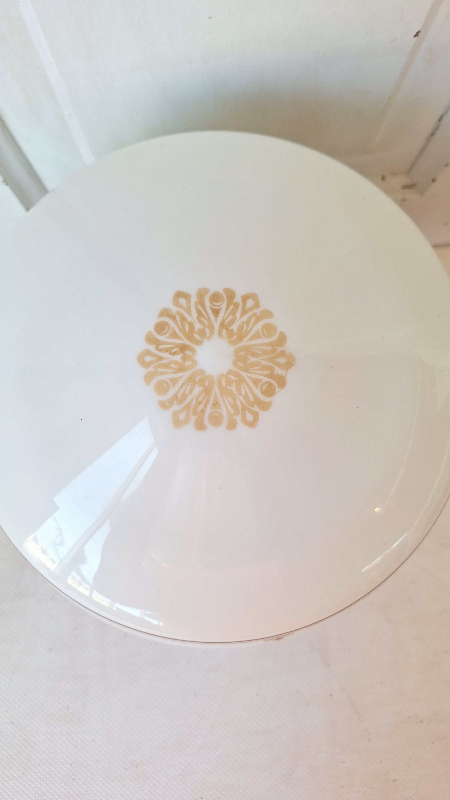 Vintage Stenciled Flush Mount, White Glass and Bronze Ceiling Light, Stencil Design Light Fixture, Architecture Salvage 070504