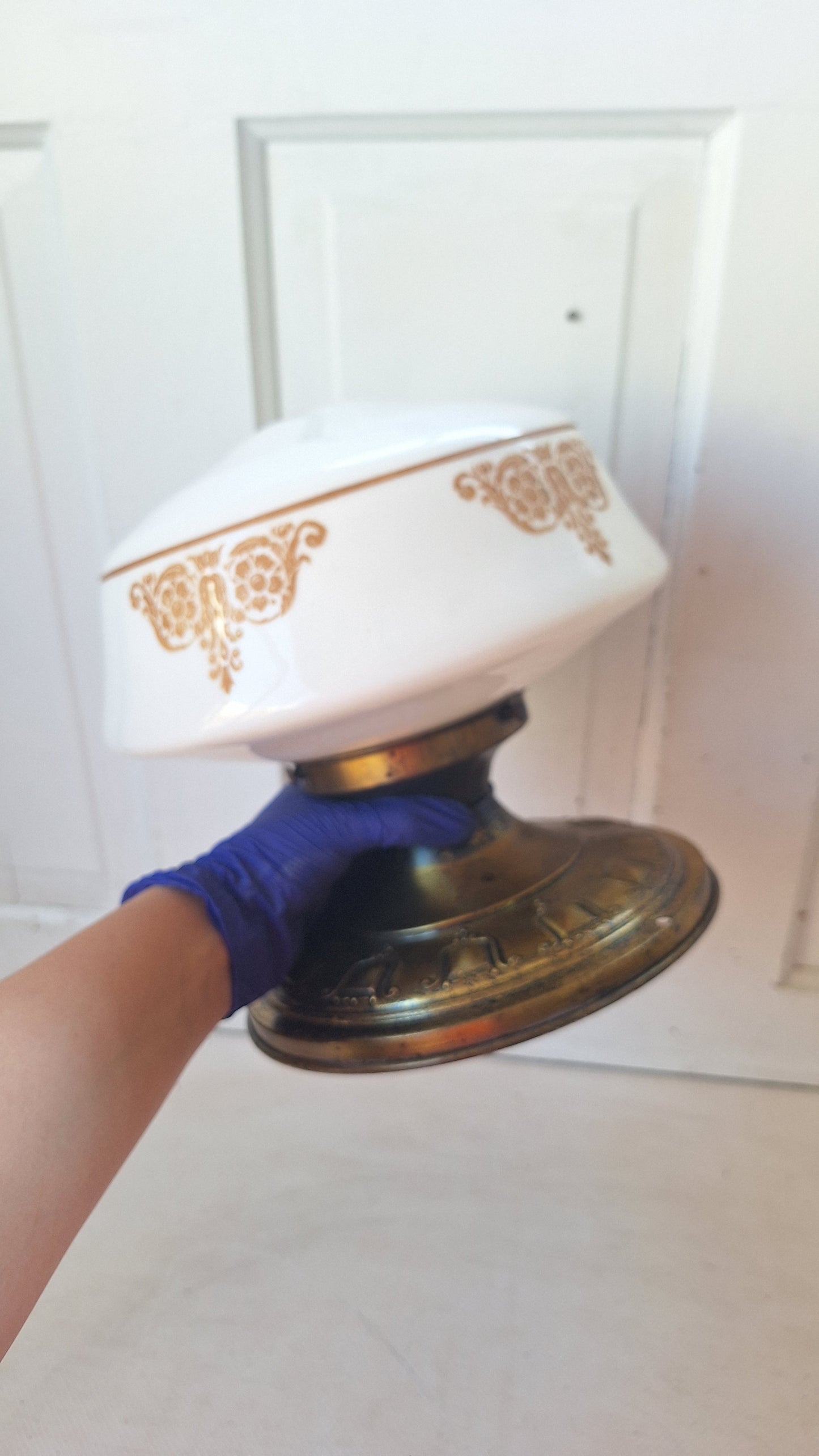Vintage Stenciled Flush Mount, White Glass and Bronze Ceiling Light, Stencil Design Light Fixture, Architecture Salvage 070504
