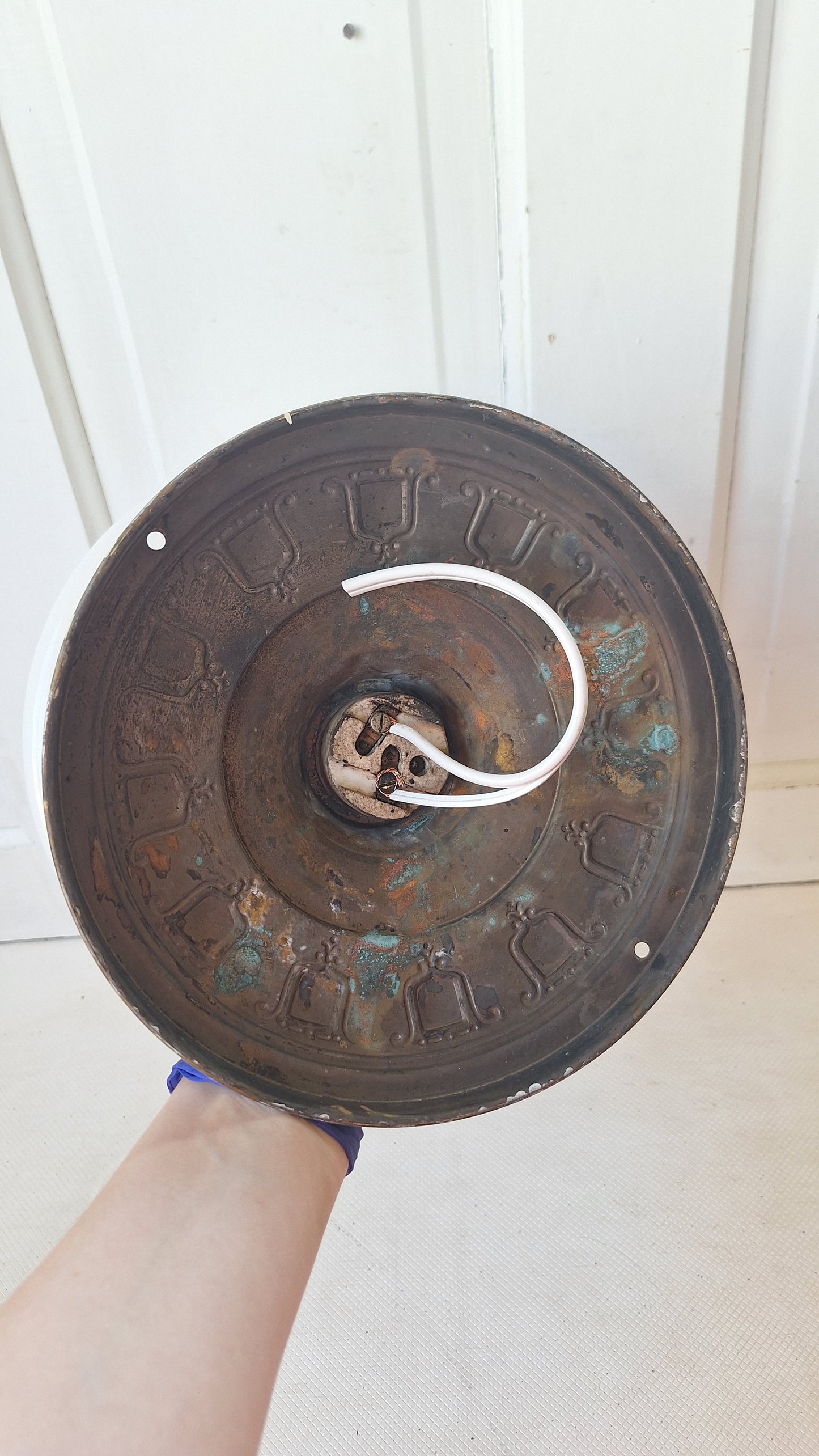 Vintage Stenciled Flush Mount, White Glass and Bronze Ceiling Light, Stencil Design Light Fixture, Architecture Salvage 070504