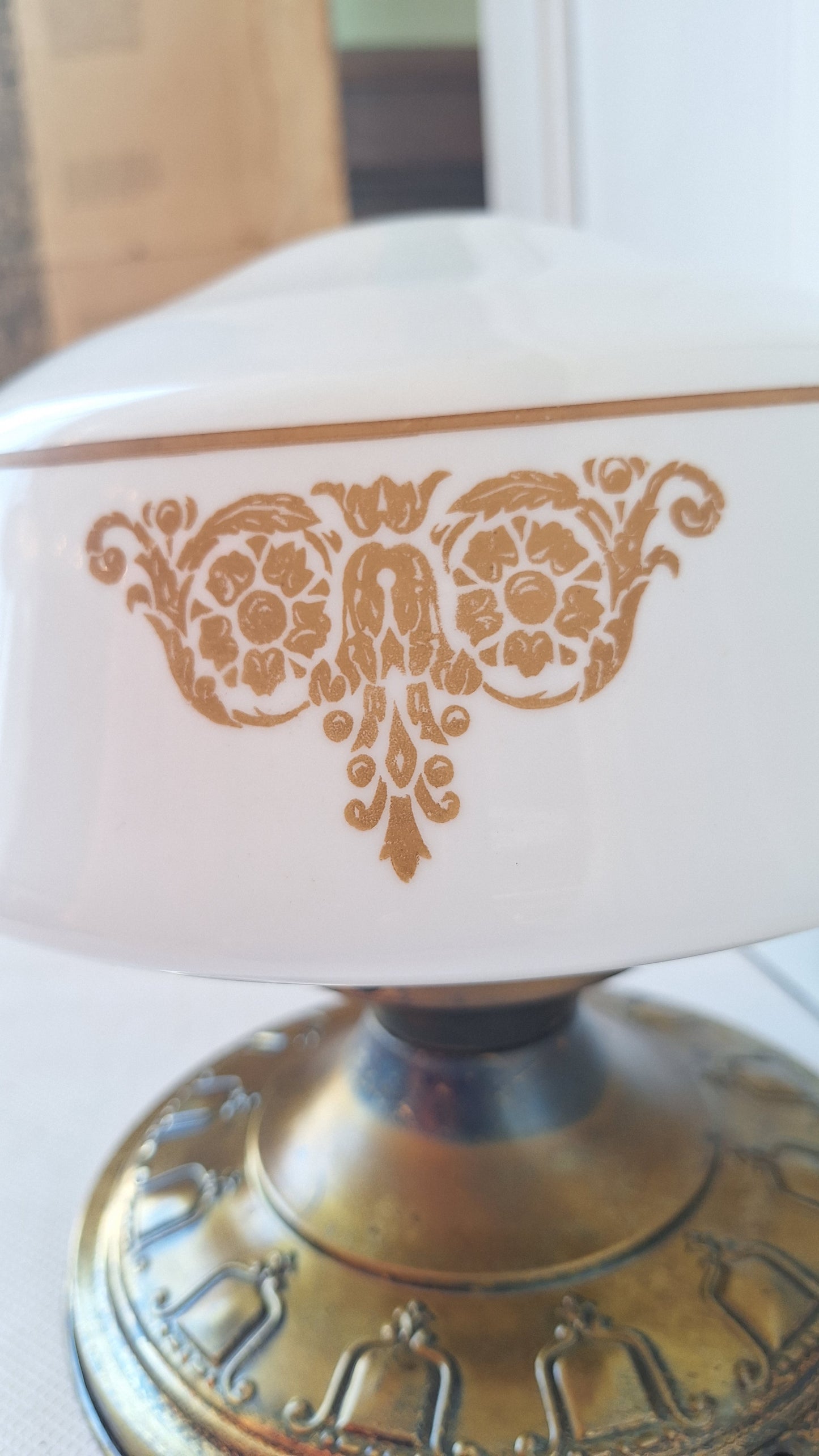 Vintage Stenciled Flush Mount, White Glass and Bronze Ceiling Light, Stencil Design Light Fixture, Architecture Salvage 070504
