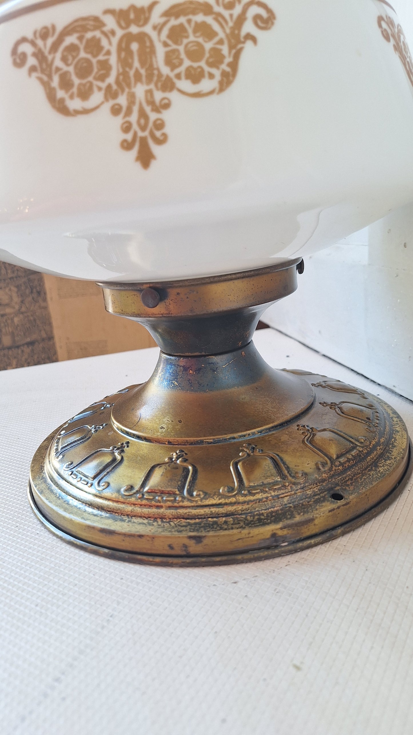 Vintage Stenciled Flush Mount, White Glass and Bronze Ceiling Light, Stencil Design Light Fixture, Architecture Salvage 070504