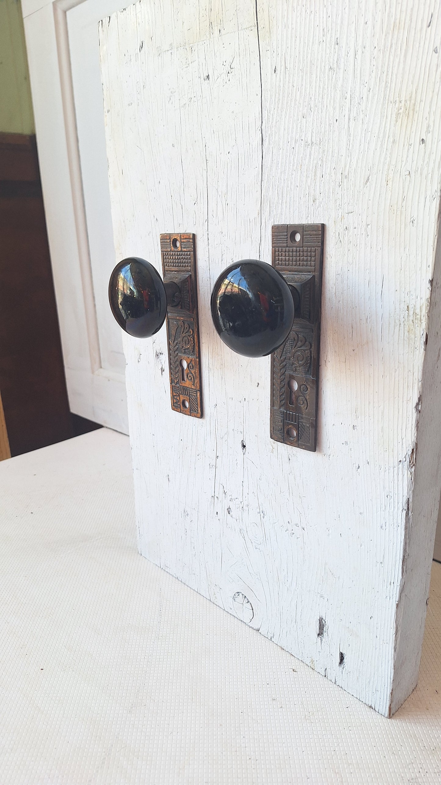 Black Porcelain Knob & Iron Plate, Ceramic Doorknobs and Backplates Eastlake Design, Complete Victorian Door Hardware Set 070506