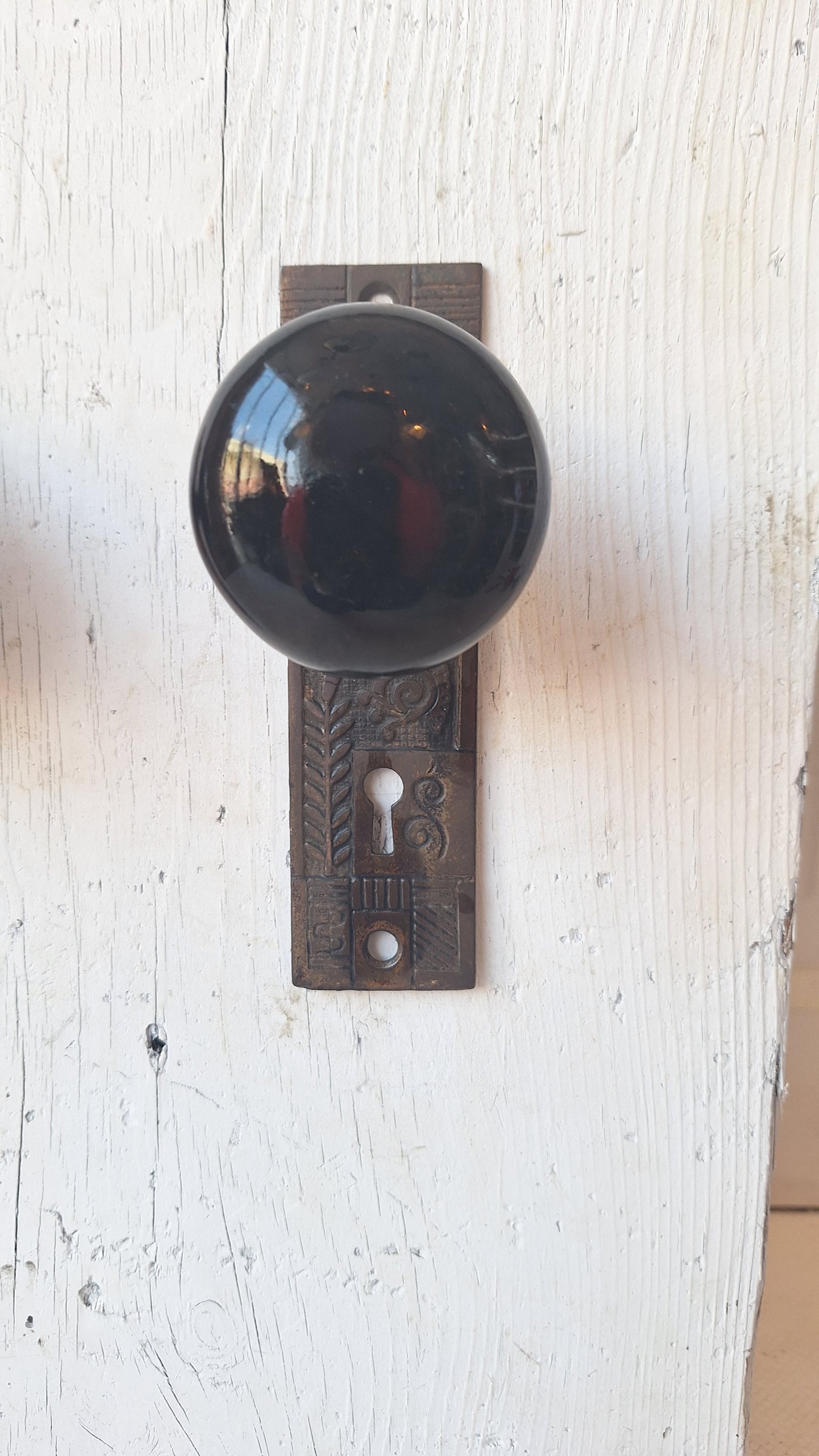 Black Porcelain Knob & Iron Plate, Ceramic Doorknobs and Backplates Eastlake Design, Complete Victorian Door Hardware Set 070506
