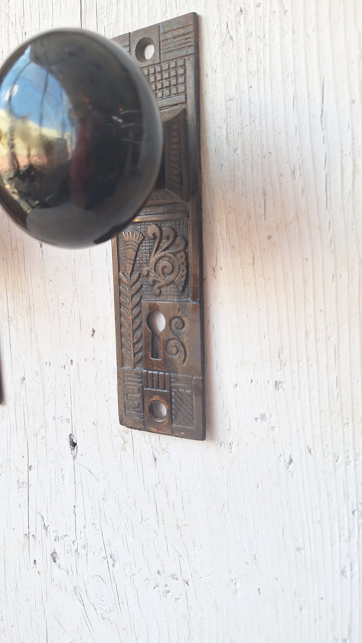 Black Porcelain Knob & Iron Plate, Ceramic Doorknobs and Backplates Eastlake Design, Complete Victorian Door Hardware Set 070506