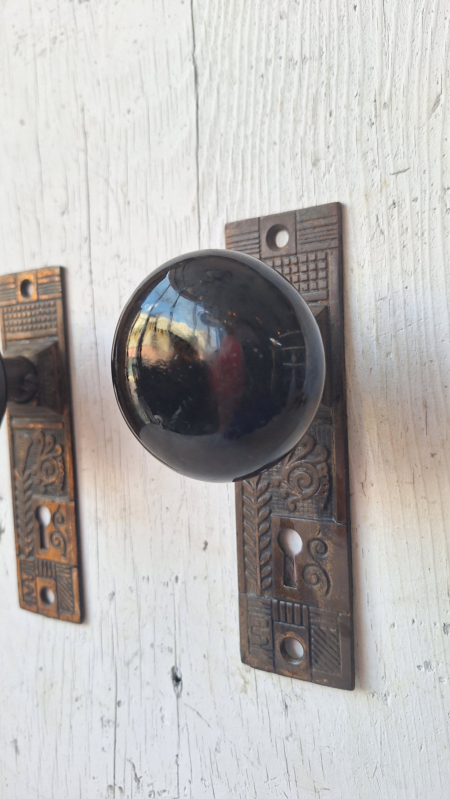 Black Porcelain Knob & Iron Plate, Ceramic Doorknobs and Backplates Eastlake Design, Complete Victorian Door Hardware Set 070506