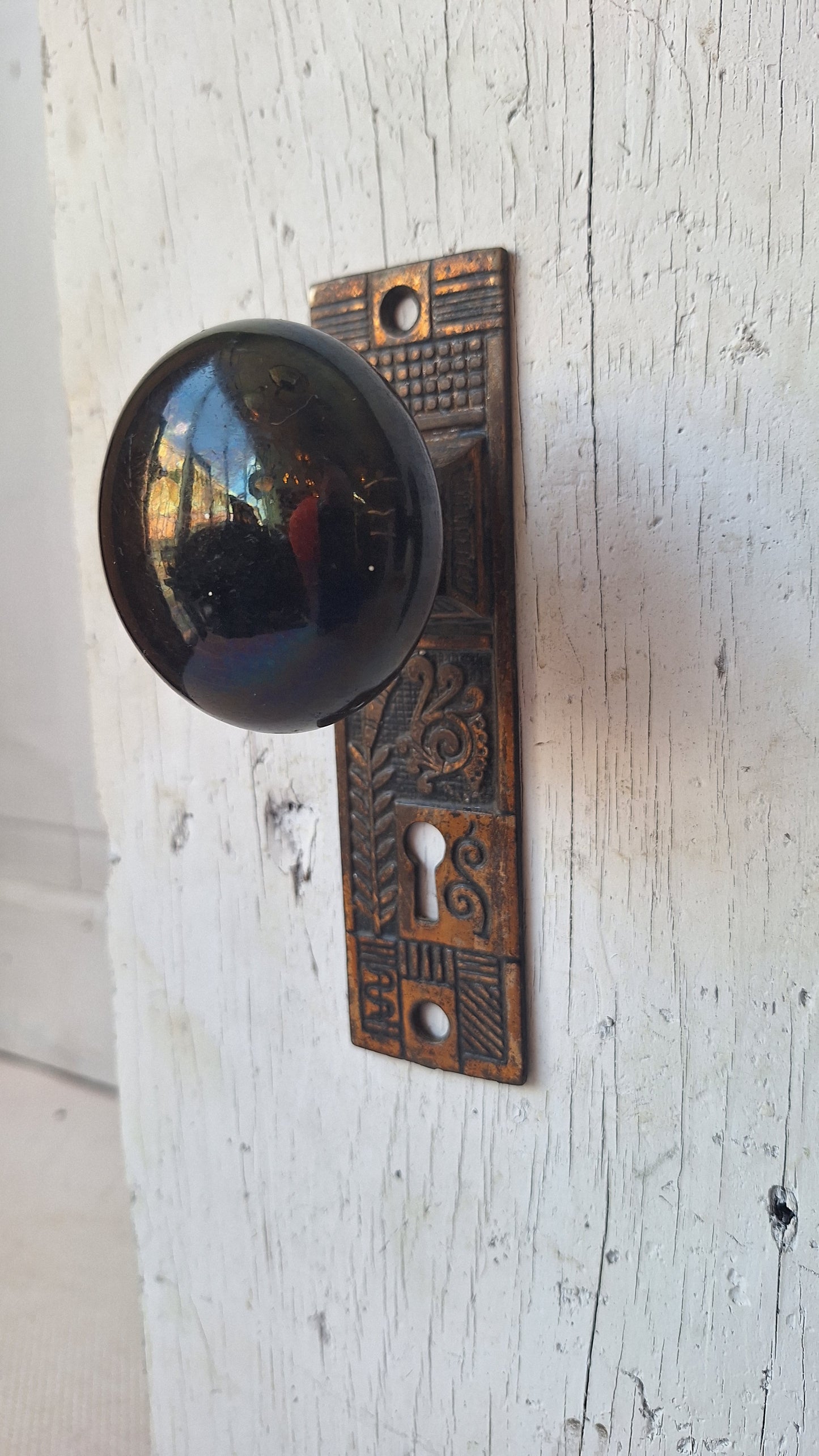 Black Porcelain Knob & Iron Plate, Ceramic Doorknobs and Backplates Eastlake Design, Complete Victorian Door Hardware Set 070506