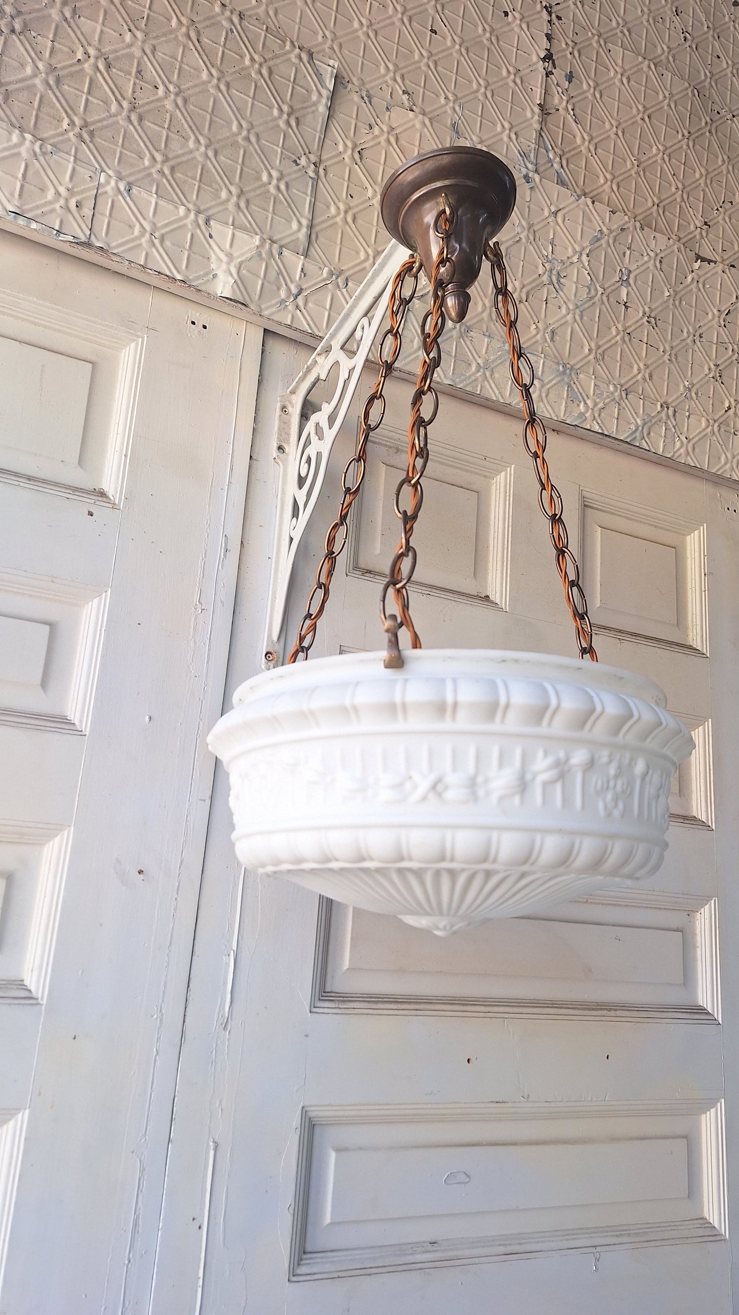 White Glass Victorian Bowl Chandelier, Four Chain Frosted Glass Hanging Light with Bronze Metal 070507