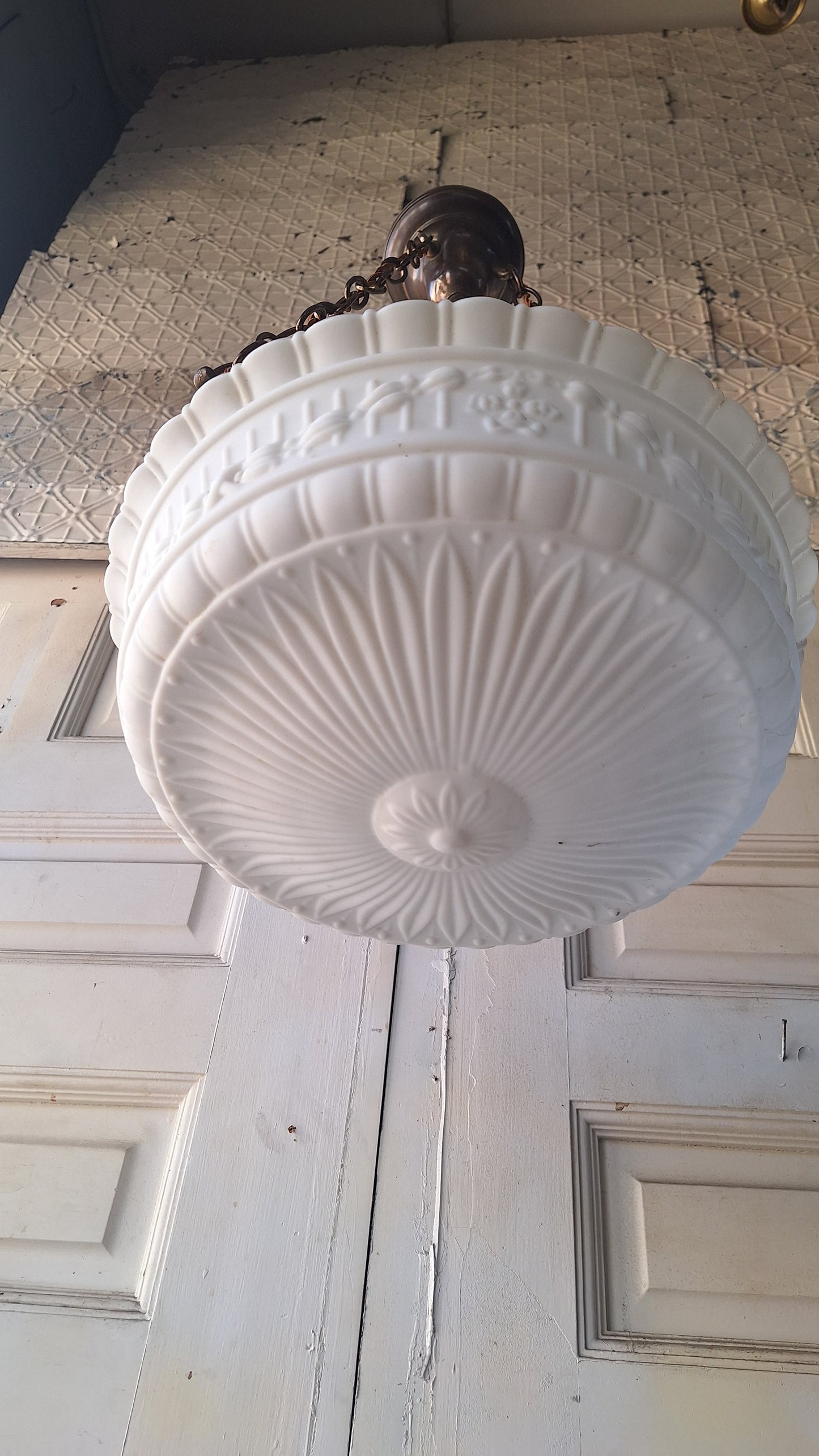 White Glass Victorian Bowl Chandelier, Four Chain Frosted Glass Hanging Light with Bronze Metal 070507