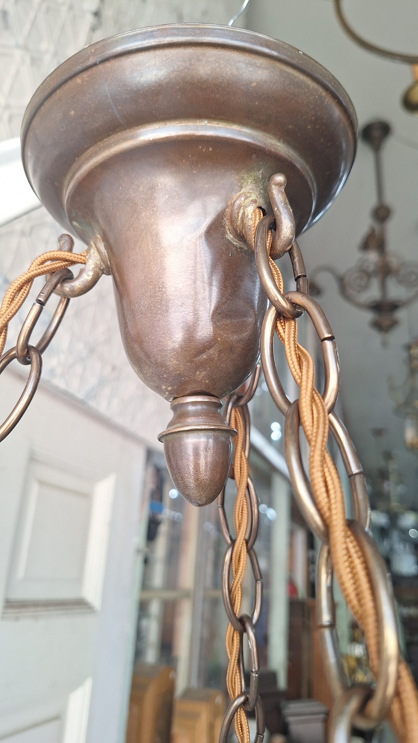 White Glass Victorian Bowl Chandelier, Four Chain Frosted Glass Hanging Light with Bronze Metal 070507