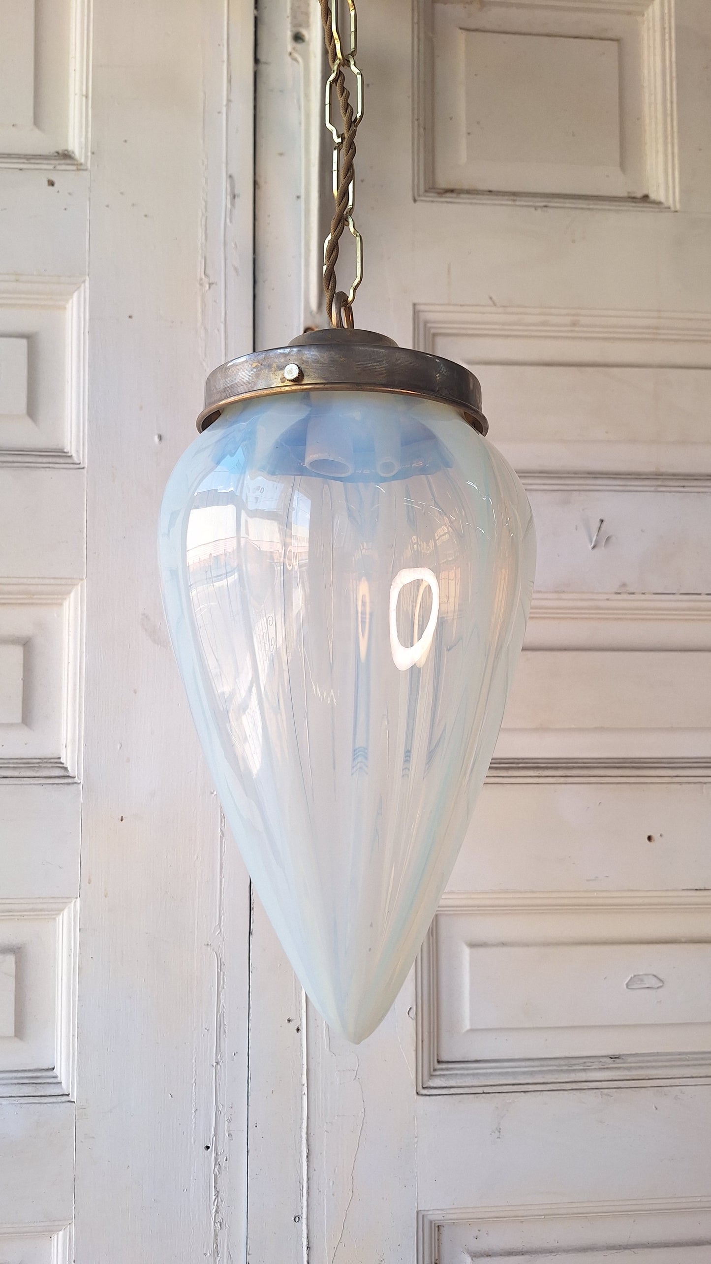 Antique Opalescent Glass Shade with Brass Base, Blown Glass Shade, Swirled Glass Vintage Pendant Light Fixture 070508