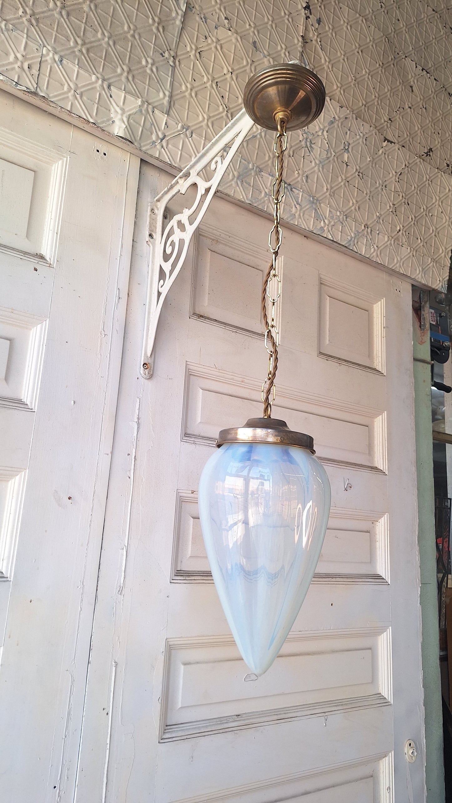 Antique Opalescent Glass Shade with Brass Base, Blown Glass Shade, Swirled Glass Vintage Pendant Light Fixture 070508