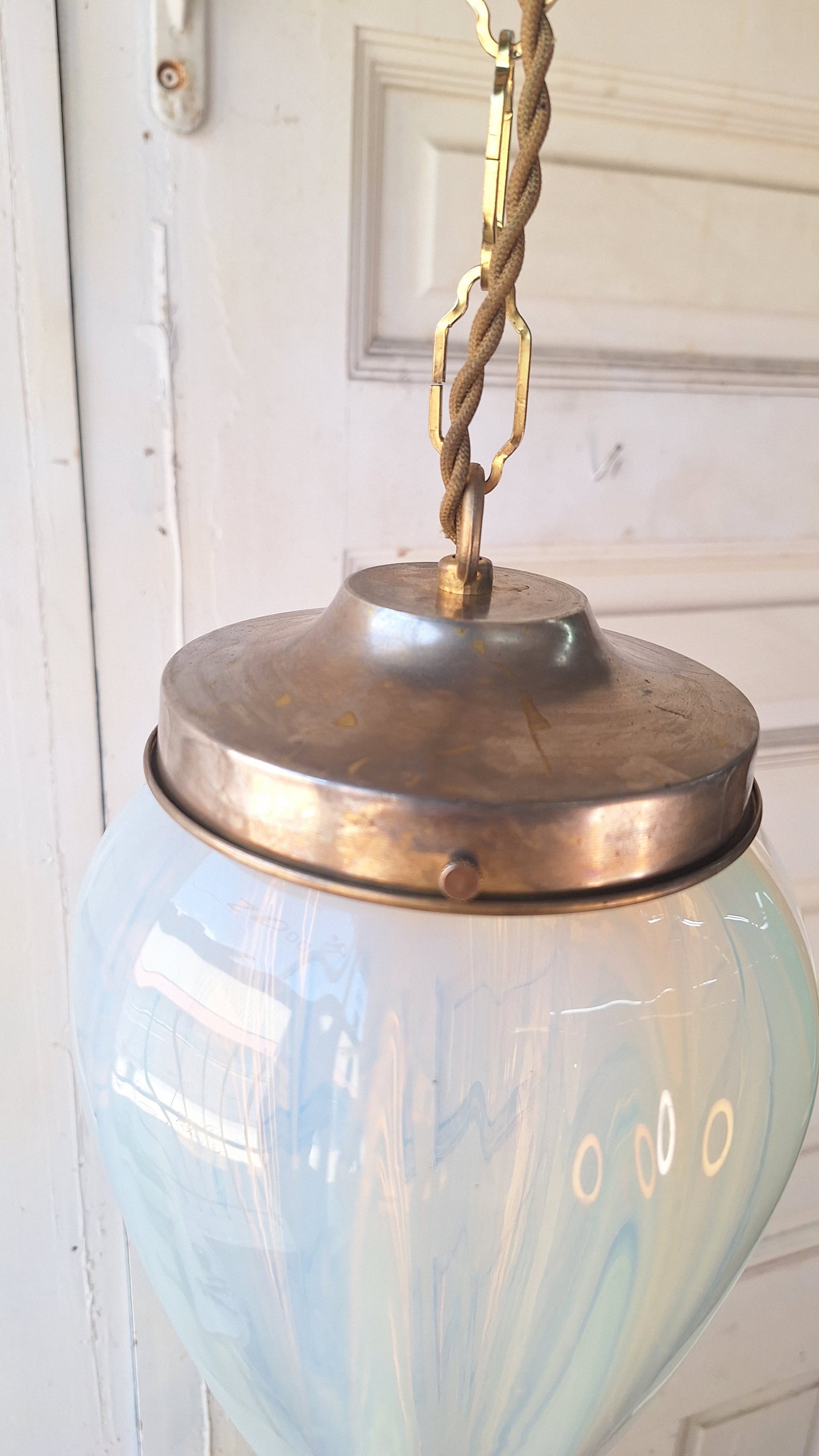 Antique Opalescent Glass Shade with Brass Base, Blown Glass Shade, Swirled Glass Vintage Pendant Light Fixture 070508