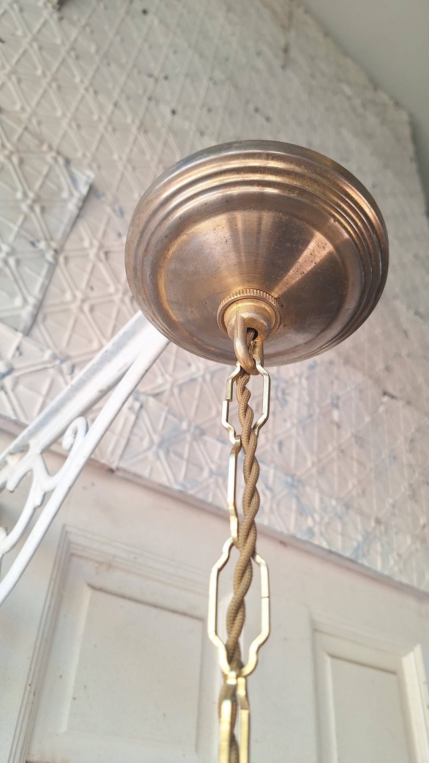 Antique Opalescent Glass Shade with Brass Base, Blown Glass Shade, Swirled Glass Vintage Pendant Light Fixture 070508