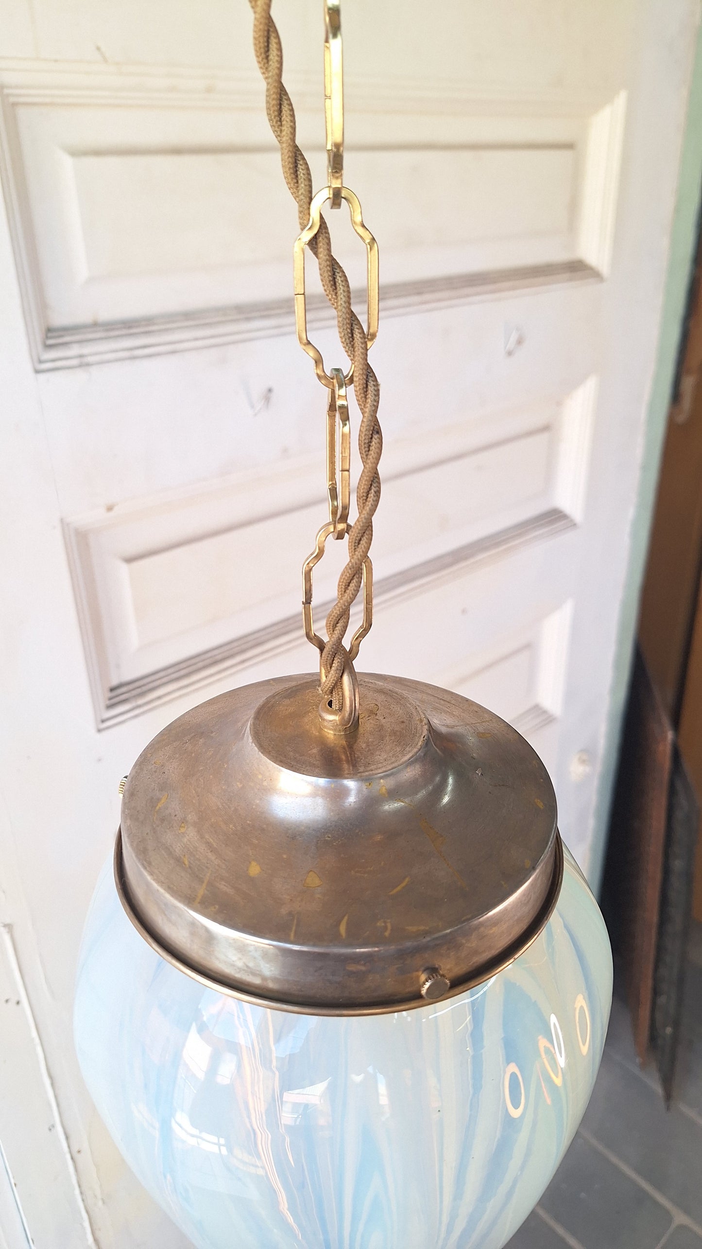 Antique Opalescent Glass Shade with Brass Base, Blown Glass Shade, Swirled Glass Vintage Pendant Light Fixture 070508