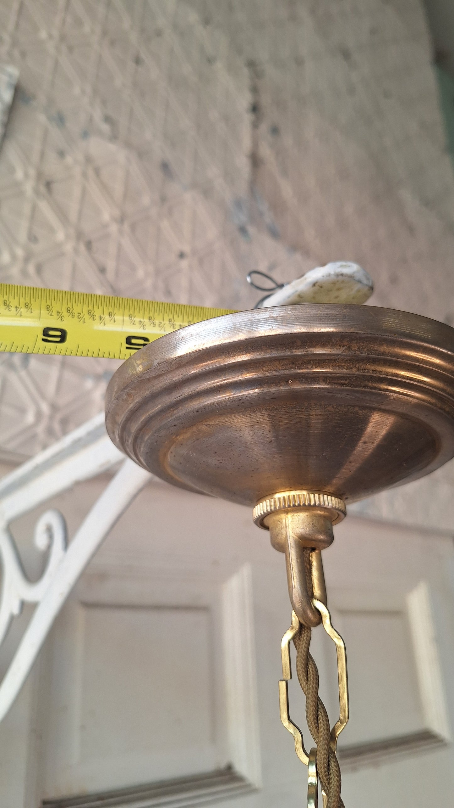 Antique Opalescent Glass Shade with Brass Base, Blown Glass Shade, Swirled Glass Vintage Pendant Light Fixture 070508