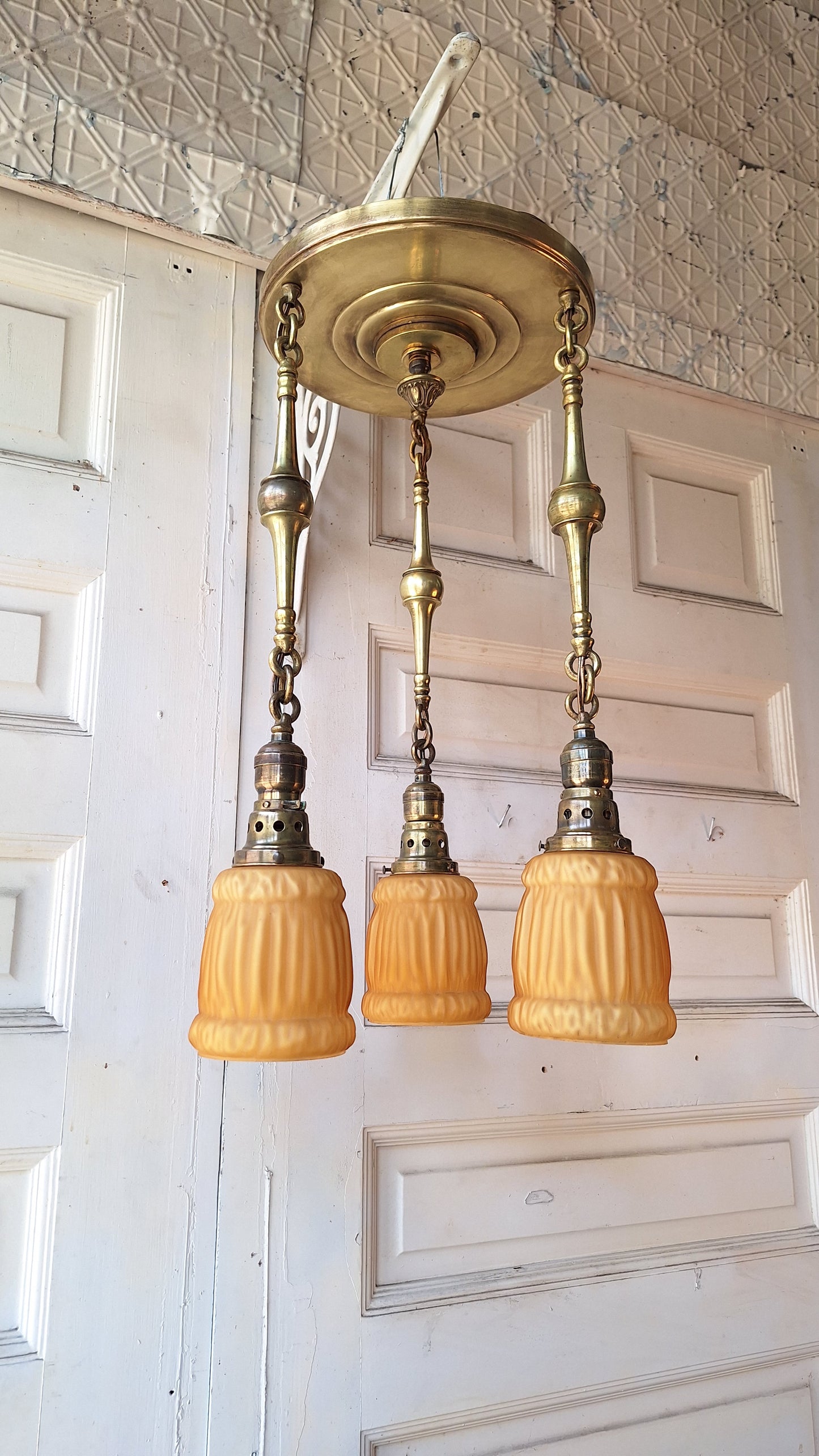 Antique Brass Pan Light with Three Hanging Sockets and Frosted Glass Shades, Sheffield Style Flush Mount Gold Ceiling Light