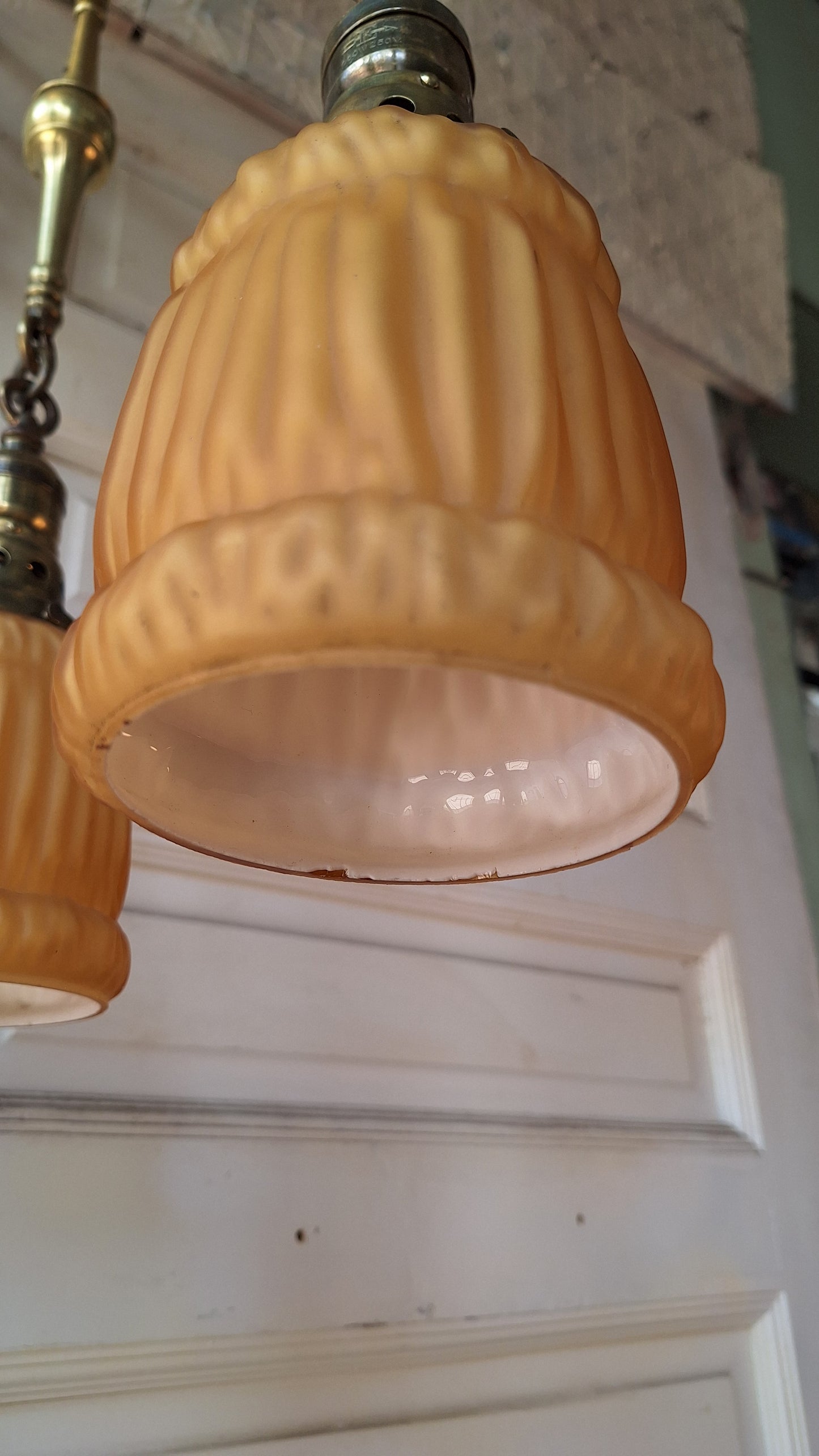 Antique Brass Pan Light with Three Hanging Sockets and Frosted Glass Shades, Sheffield Style Flush Mount Gold Ceiling Light