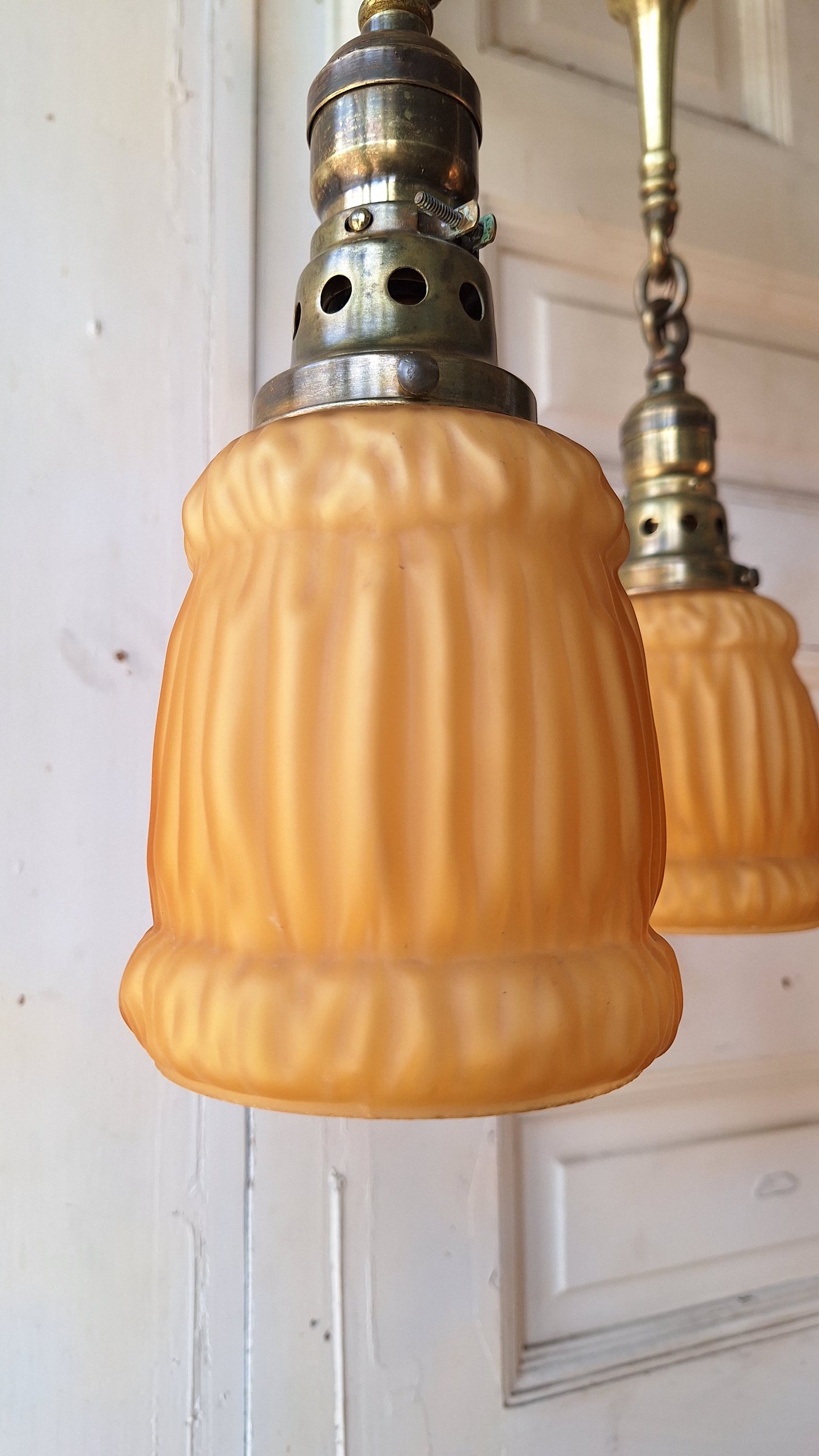 Antique Brass Pan Light with Three Hanging Sockets and Frosted Glass Shades, Sheffield Style Flush Mount Gold Ceiling Light