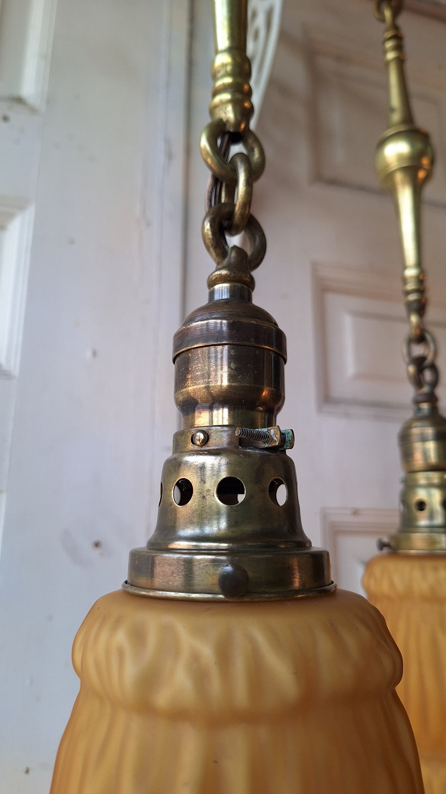 Antique Brass Pan Light with Three Hanging Sockets and Frosted Glass Shades, Sheffield Style Flush Mount Gold Ceiling Light