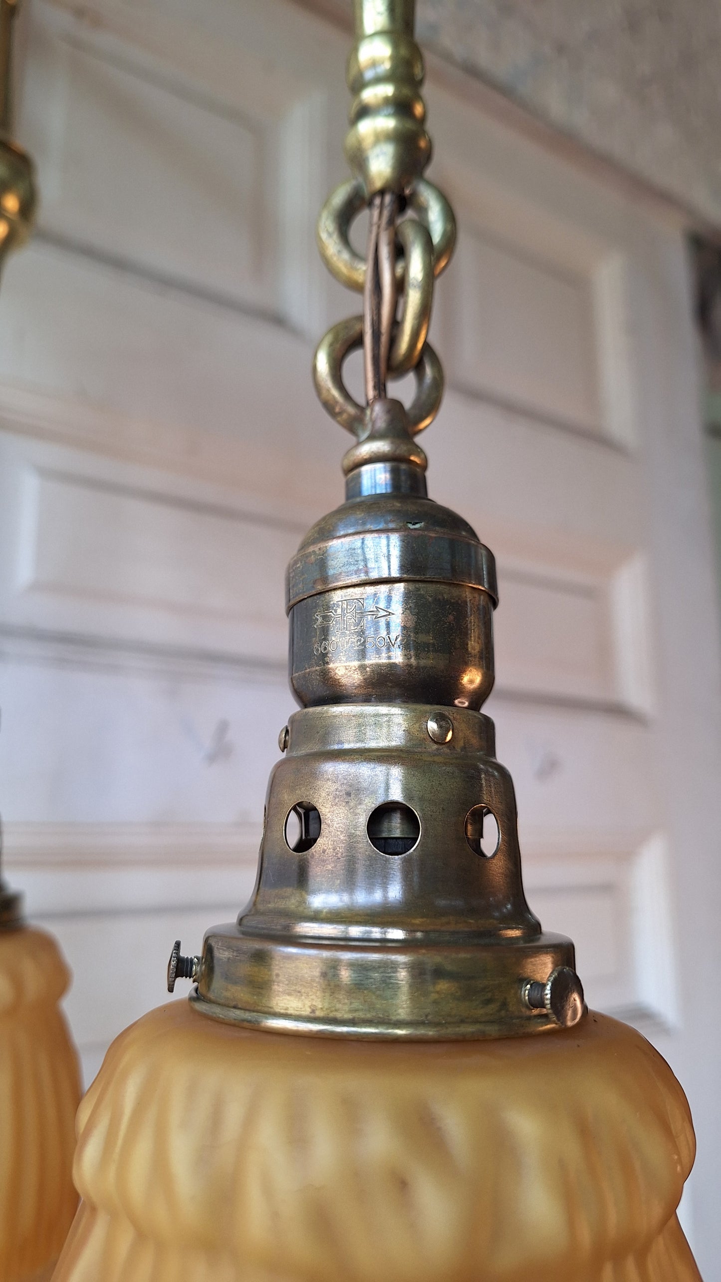 Antique Brass Pan Light with Three Hanging Sockets and Frosted Glass Shades, Sheffield Style Flush Mount Gold Ceiling Light