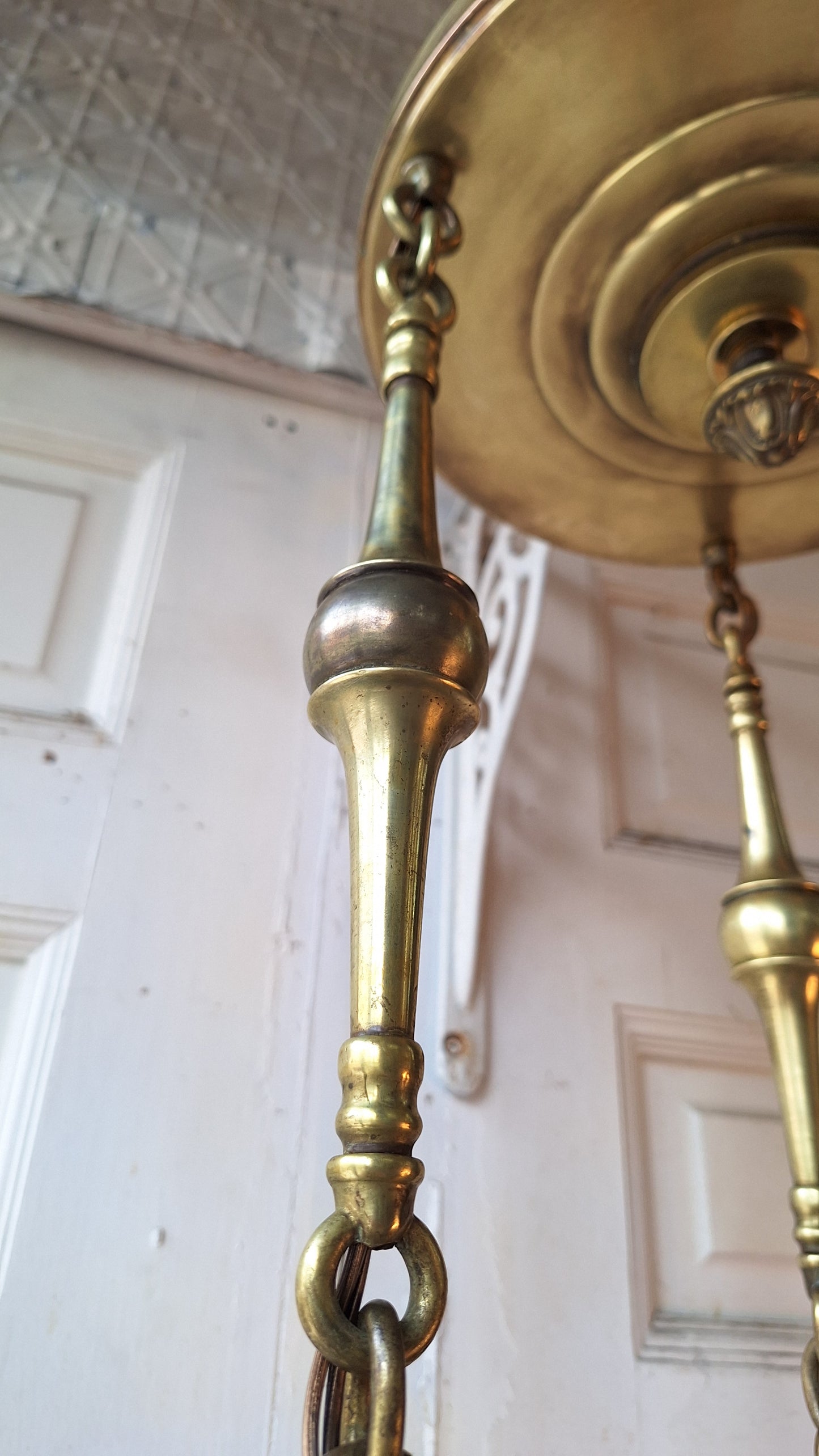 Antique Brass Pan Light with Three Hanging Sockets and Frosted Glass Shades, Sheffield Style Flush Mount Gold Ceiling Light