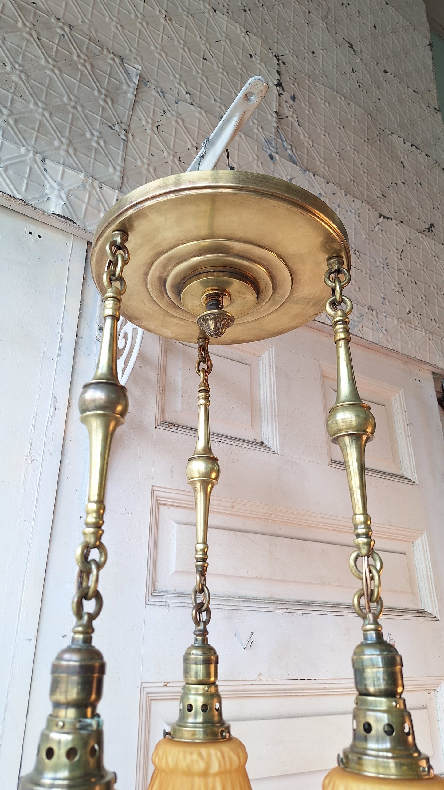Antique Brass Pan Light with Three Hanging Sockets and Frosted Glass Shades, Sheffield Style Flush Mount Gold Ceiling Light