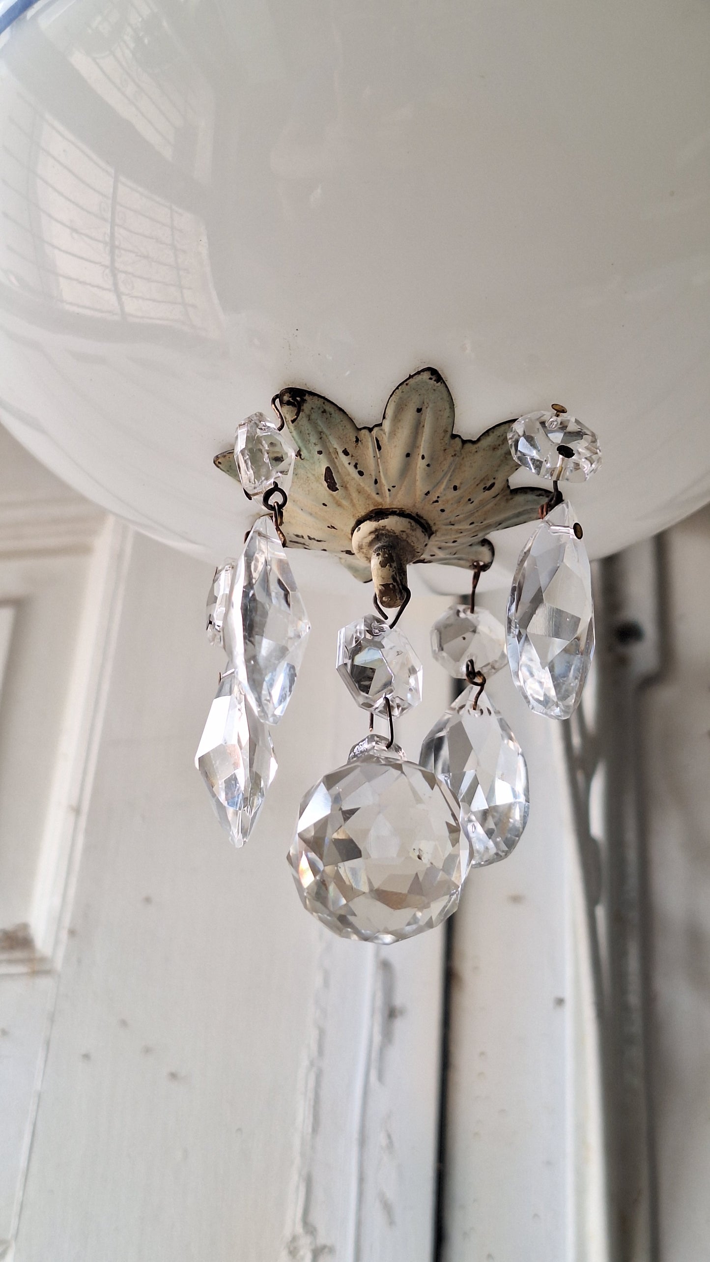 Painted Flush Mount Light with Crystal Drops, Vintage Hand Painted Light with Crystal Finials, Painted Schoolhouse Shade Fixture