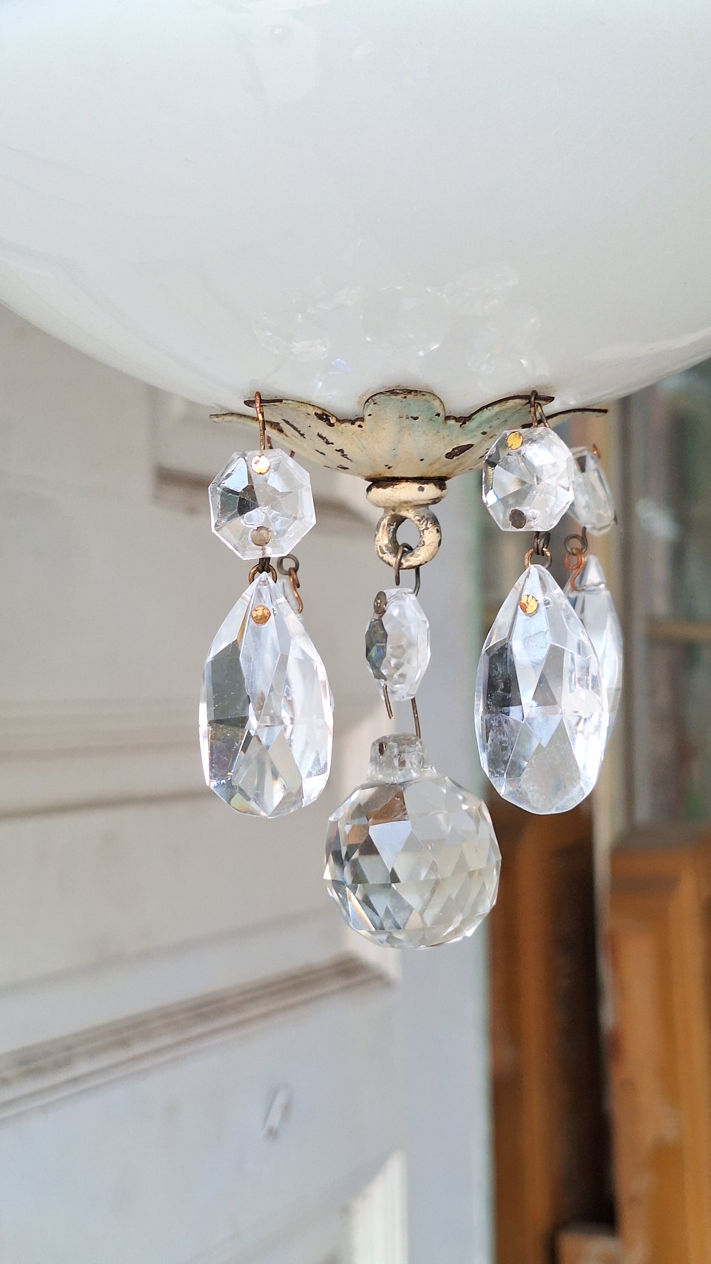 Painted Flush Mount Light with Crystal Drops, Vintage Hand Painted Light with Crystal Finials, Painted Schoolhouse Shade Fixture