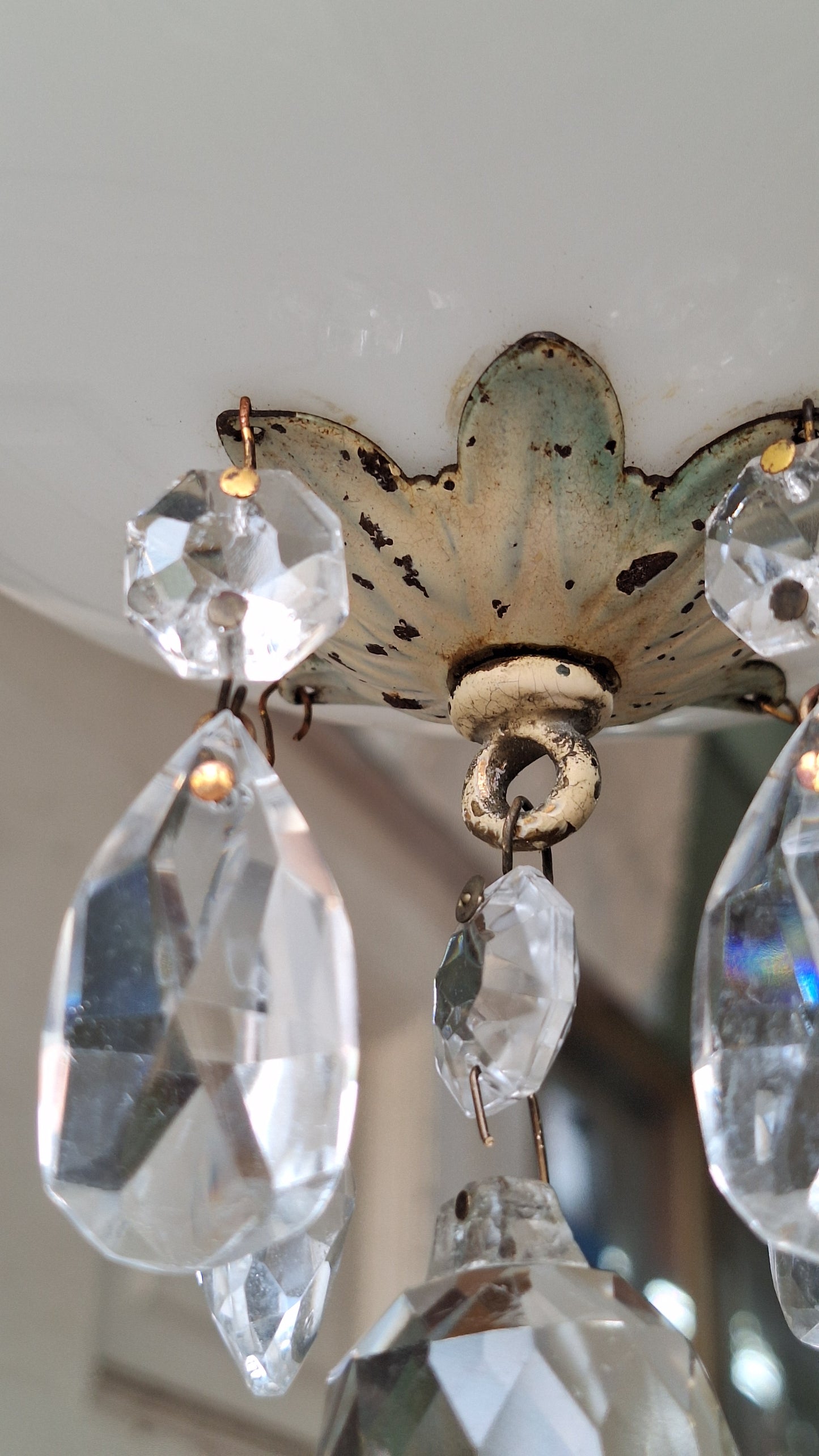 Painted Flush Mount Light with Crystal Drops, Vintage Hand Painted Light with Crystal Finials, Painted Schoolhouse Shade Fixture