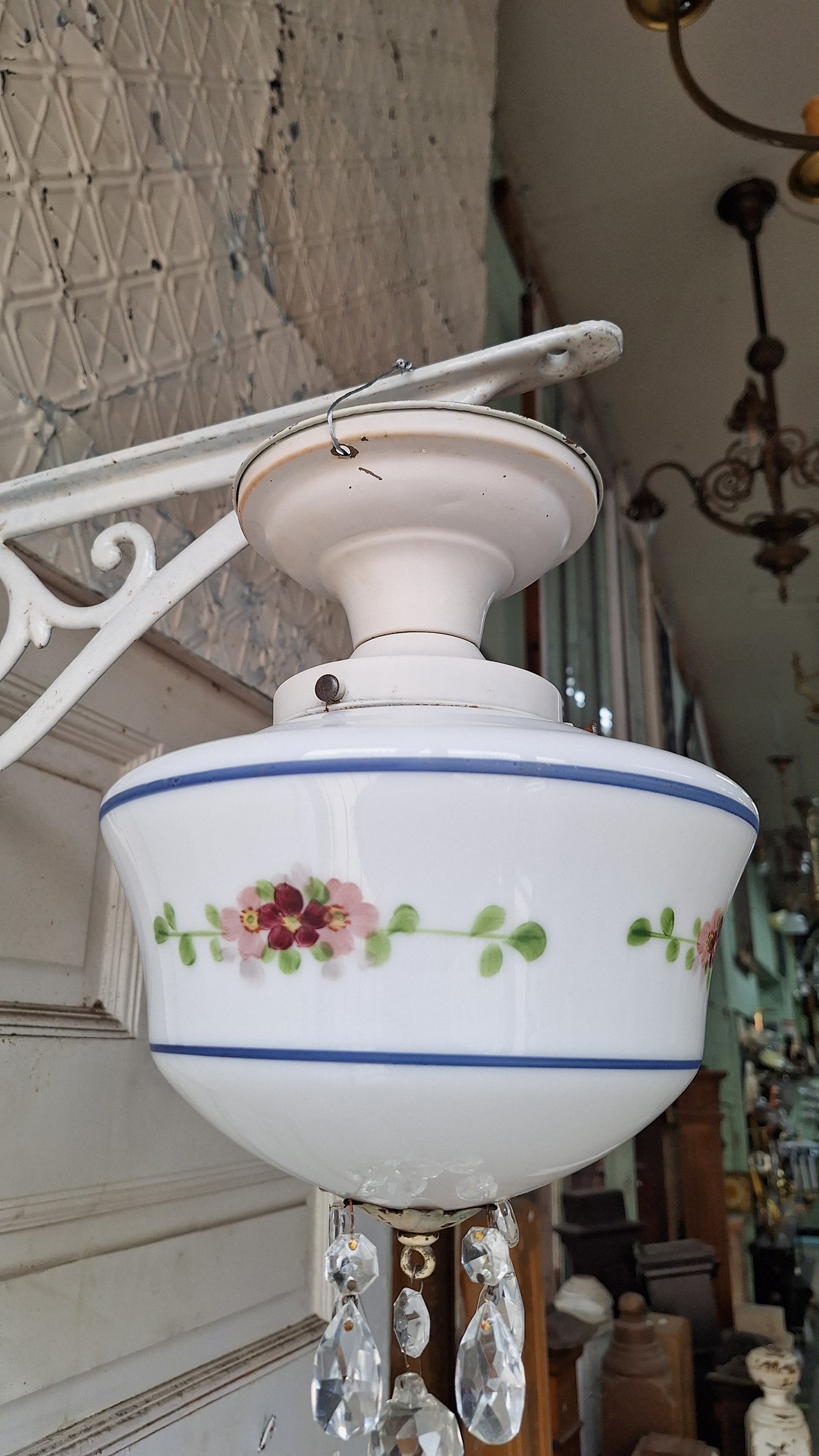 Painted Flush Mount Light with Crystal Drops, Vintage Hand Painted Light with Crystal Finials, Painted Schoolhouse Shade Fixture