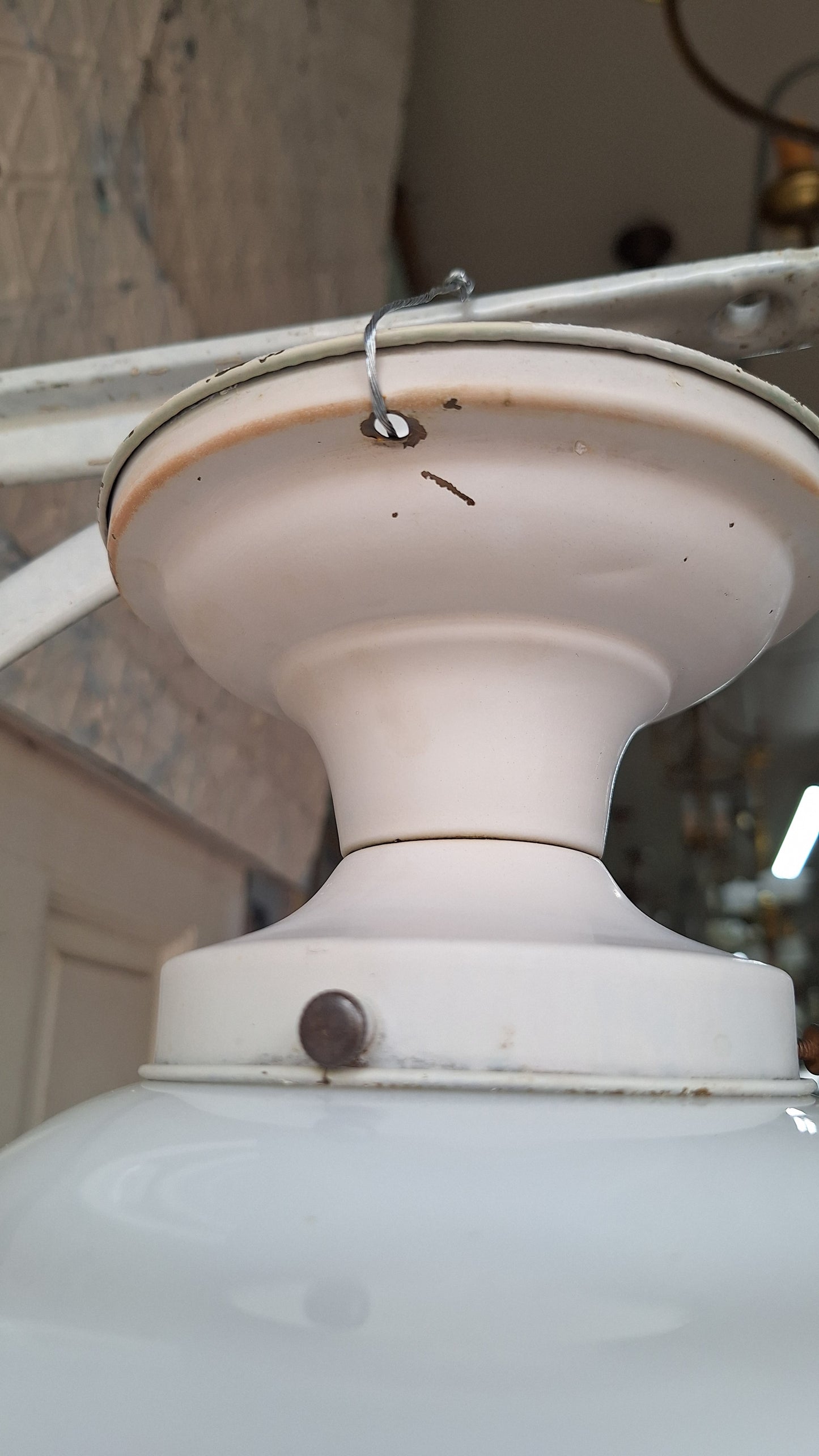Painted Flush Mount Light with Crystal Drops, Vintage Hand Painted Light with Crystal Finials, Painted Schoolhouse Shade Fixture