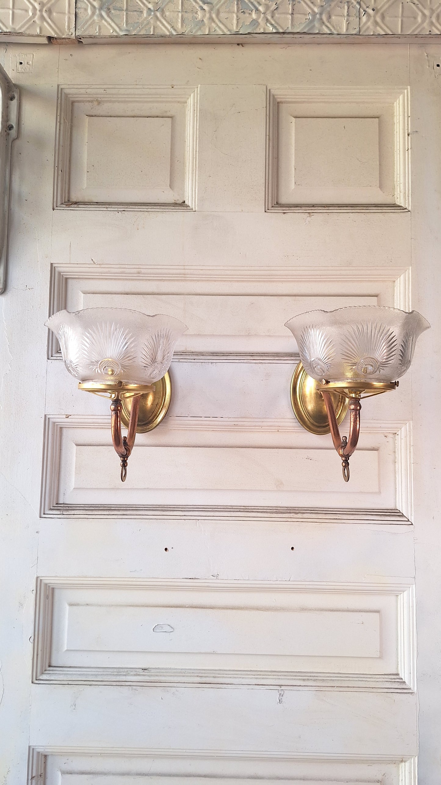 Pair of Copper and Brass Antique Gas Sconce, Ornate Victorian Gas Wall Sconce with Antique Shade 071501
