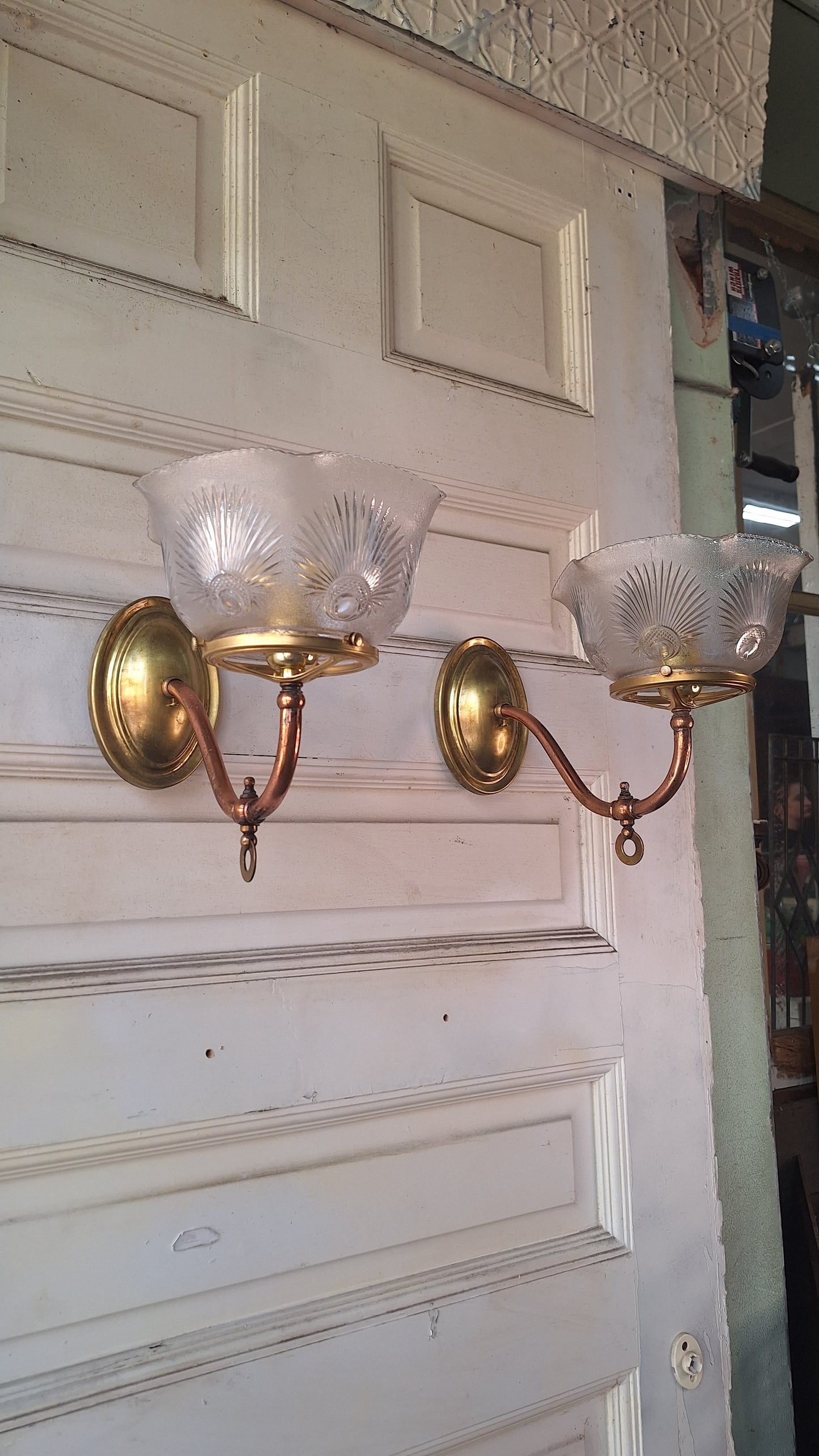 Pair of Copper and Brass Antique Gas Sconce, Ornate Victorian Gas Wall Sconce with Antique Shade 071501