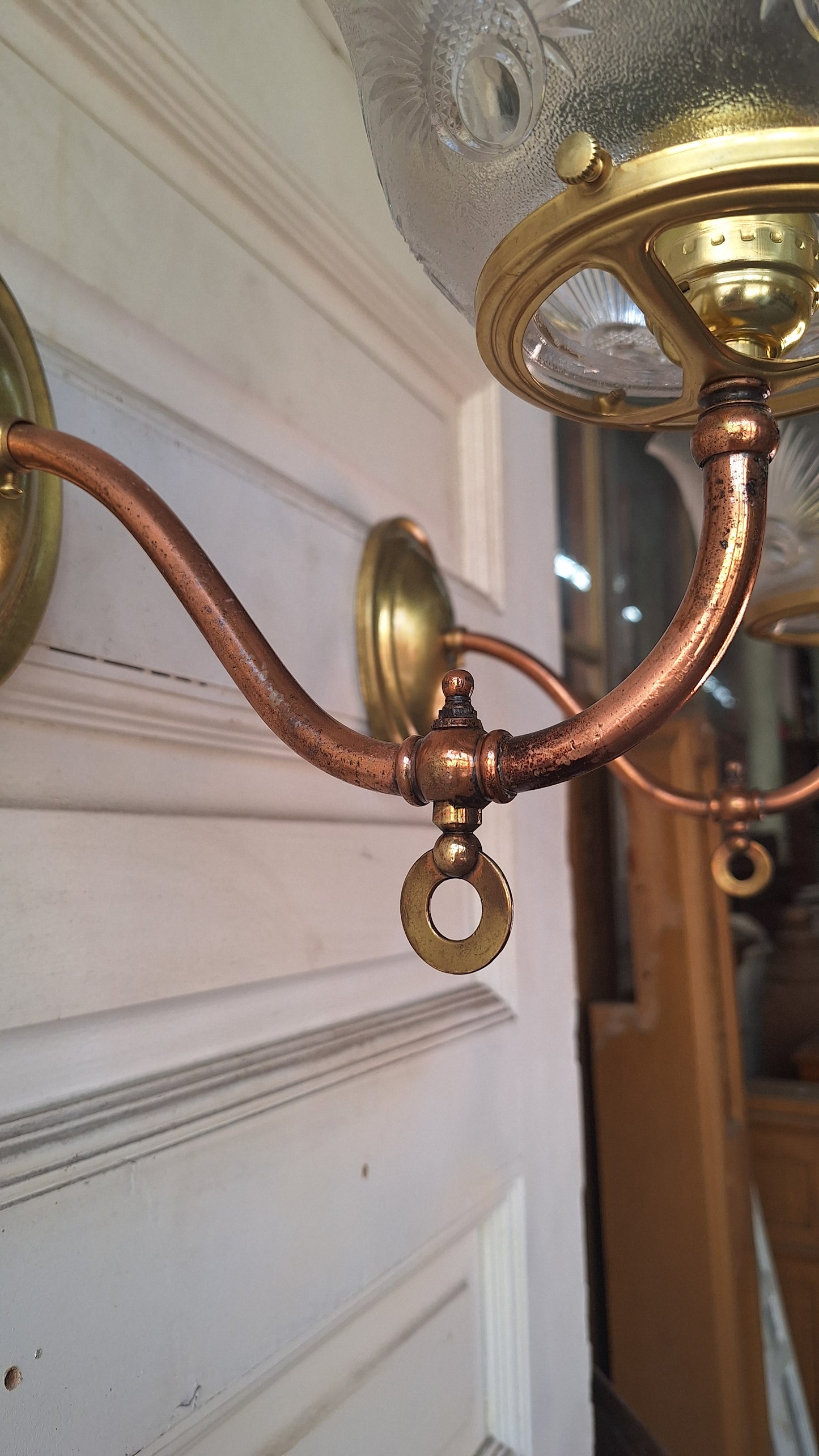 Pair of Copper and Brass Antique Gas Sconce, Ornate Victorian Gas Wall Sconce with Antique Shade 071501
