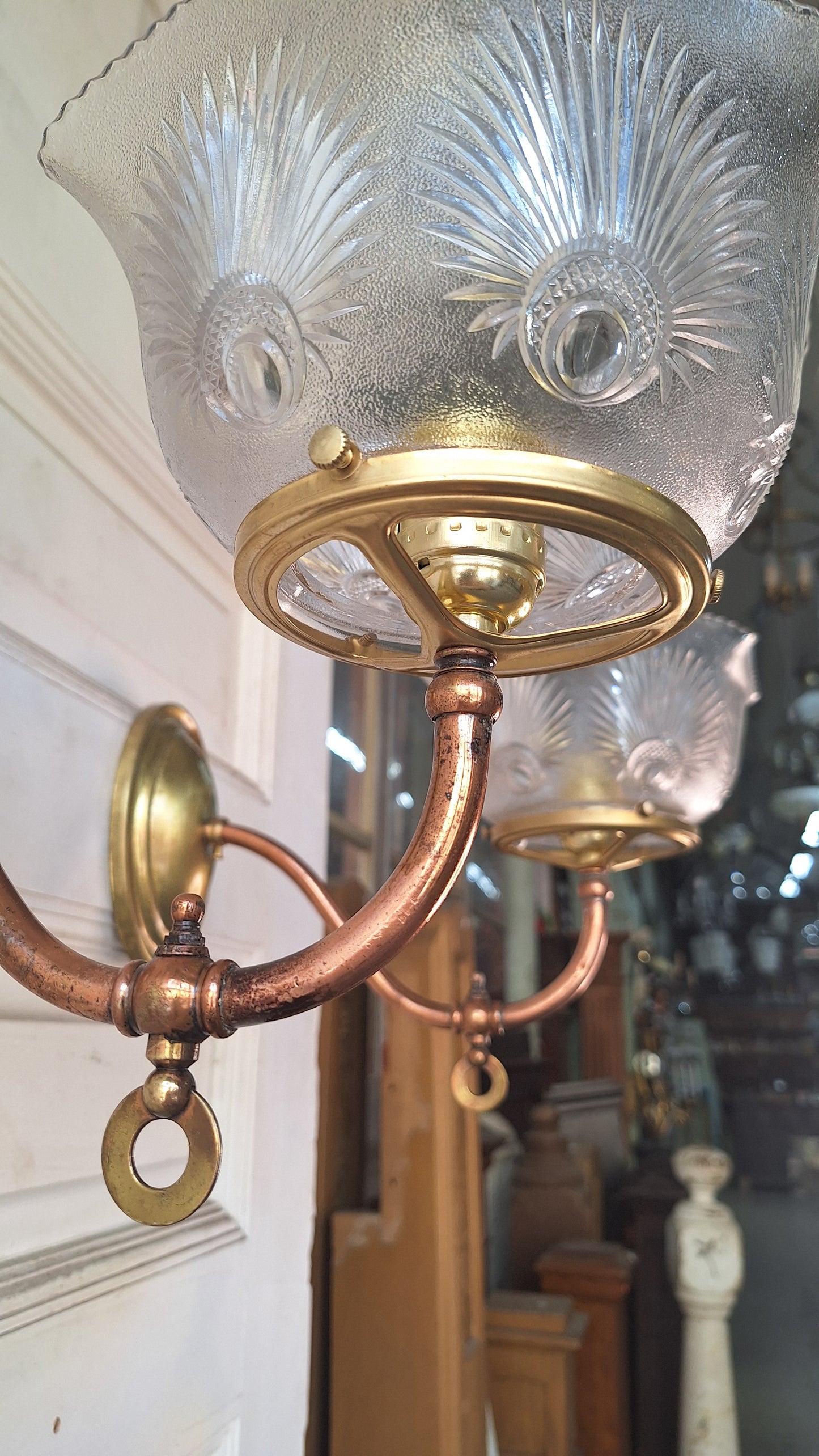 Pair of Copper and Brass Antique Gas Sconce, Ornate Victorian Gas Wall Sconce with Antique Shade 071501