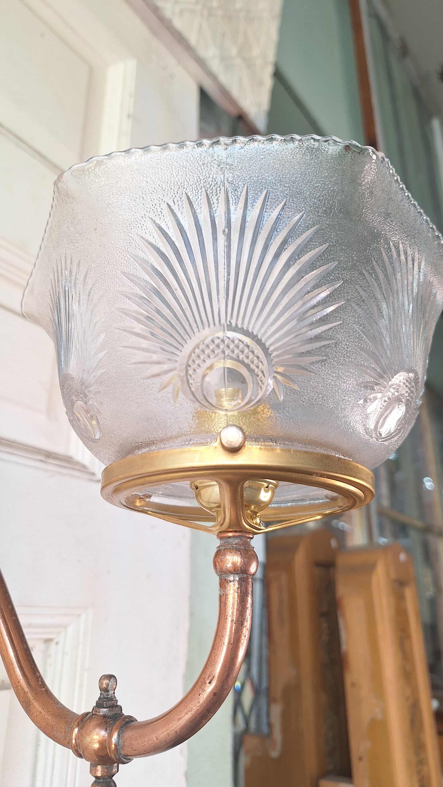Pair of Copper and Brass Antique Gas Sconce, Ornate Victorian Gas Wall Sconce with Antique Shade 071501