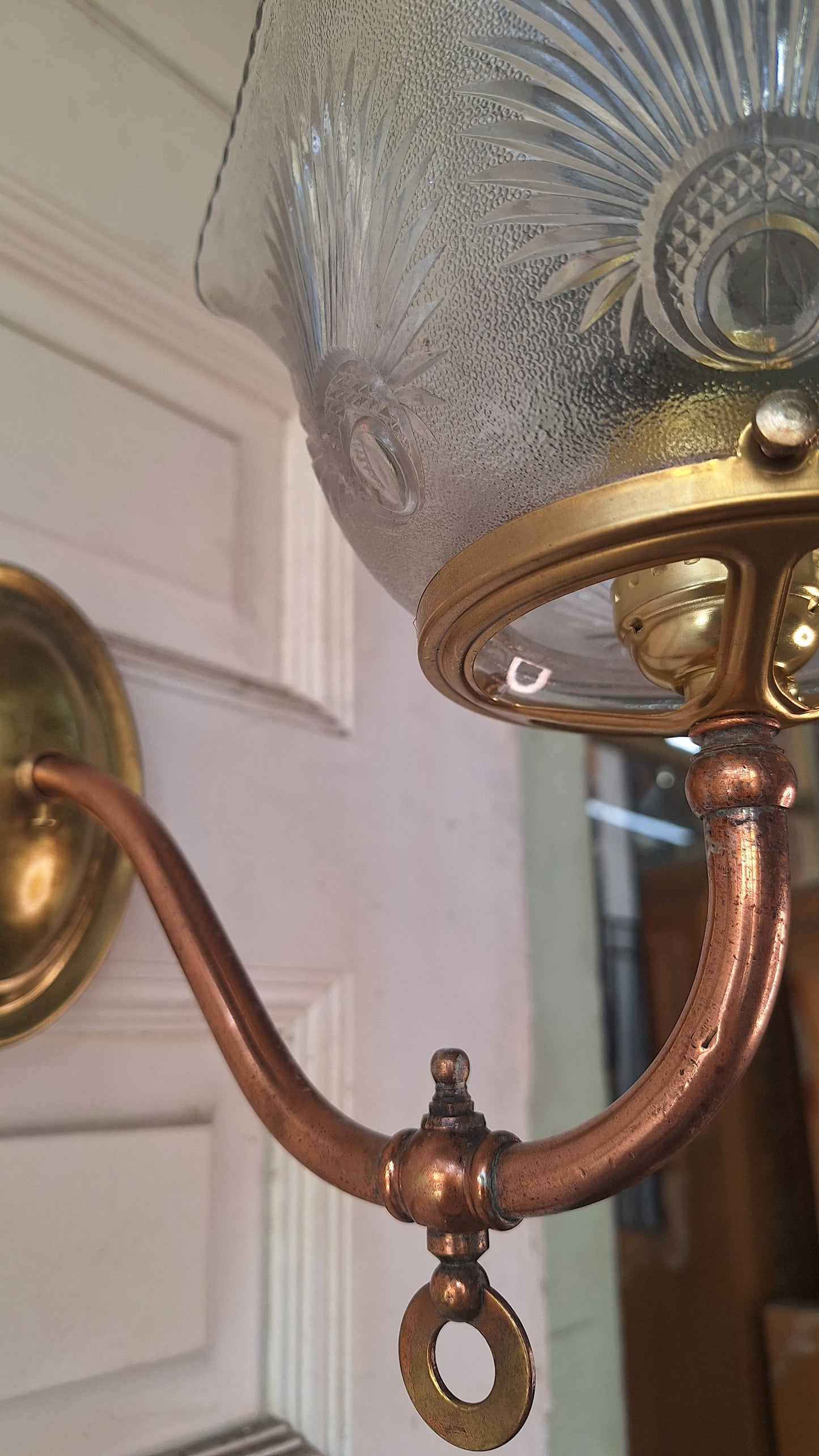 Pair of Copper and Brass Antique Gas Sconce, Ornate Victorian Gas Wall Sconce with Antique Shade 071501