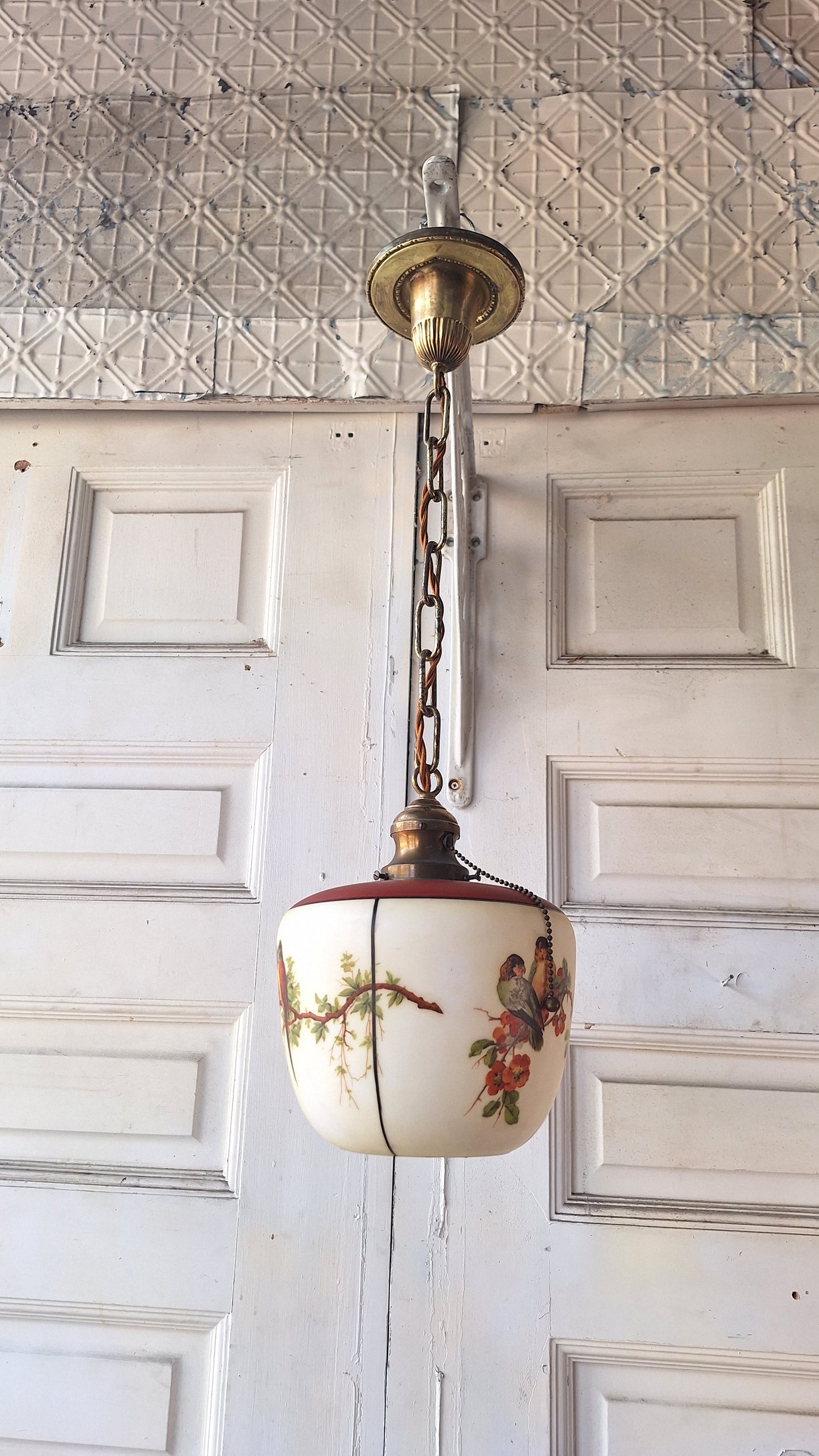 Vintage Parrot Pull Chain Pendant Light, Brass Bird Design Hanging Light, Pull Chain Bird and Flower Design Light