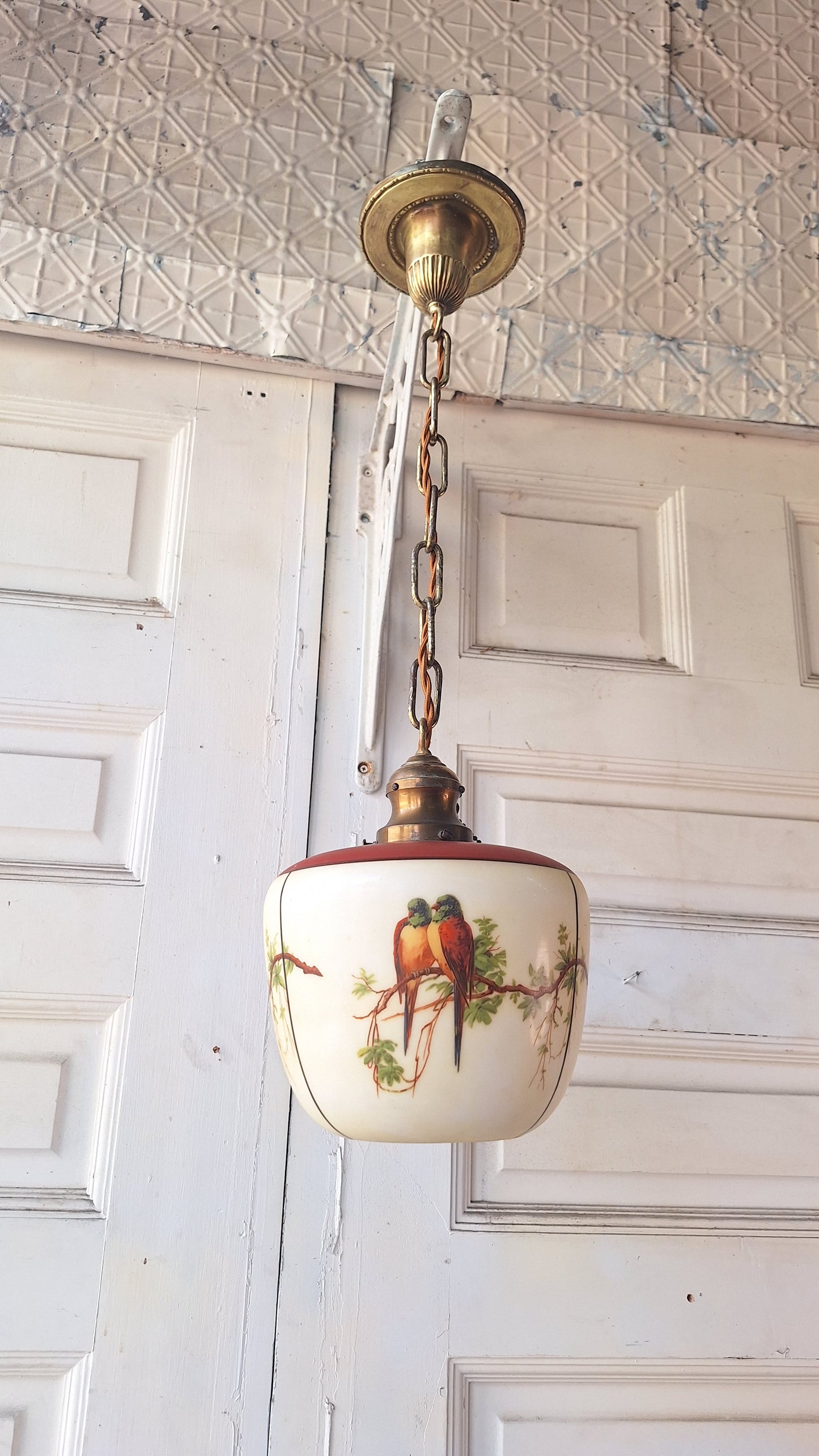 Vintage Parrot Pull Chain Pendant Light, Brass Bird Design Hanging Light, Pull Chain Bird and Flower Design Light
