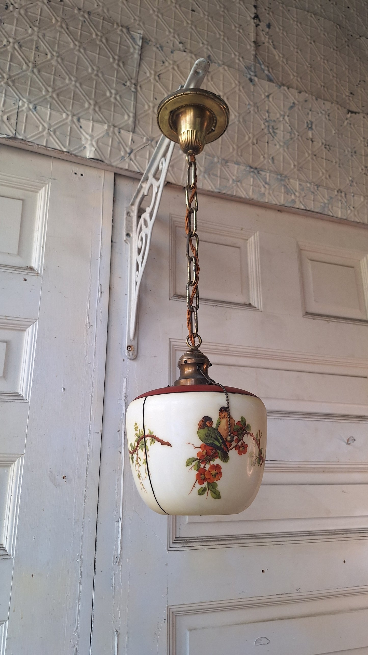Vintage Parrot Pull Chain Pendant Light, Brass Bird Design Hanging Light, Pull Chain Bird and Flower Design Light